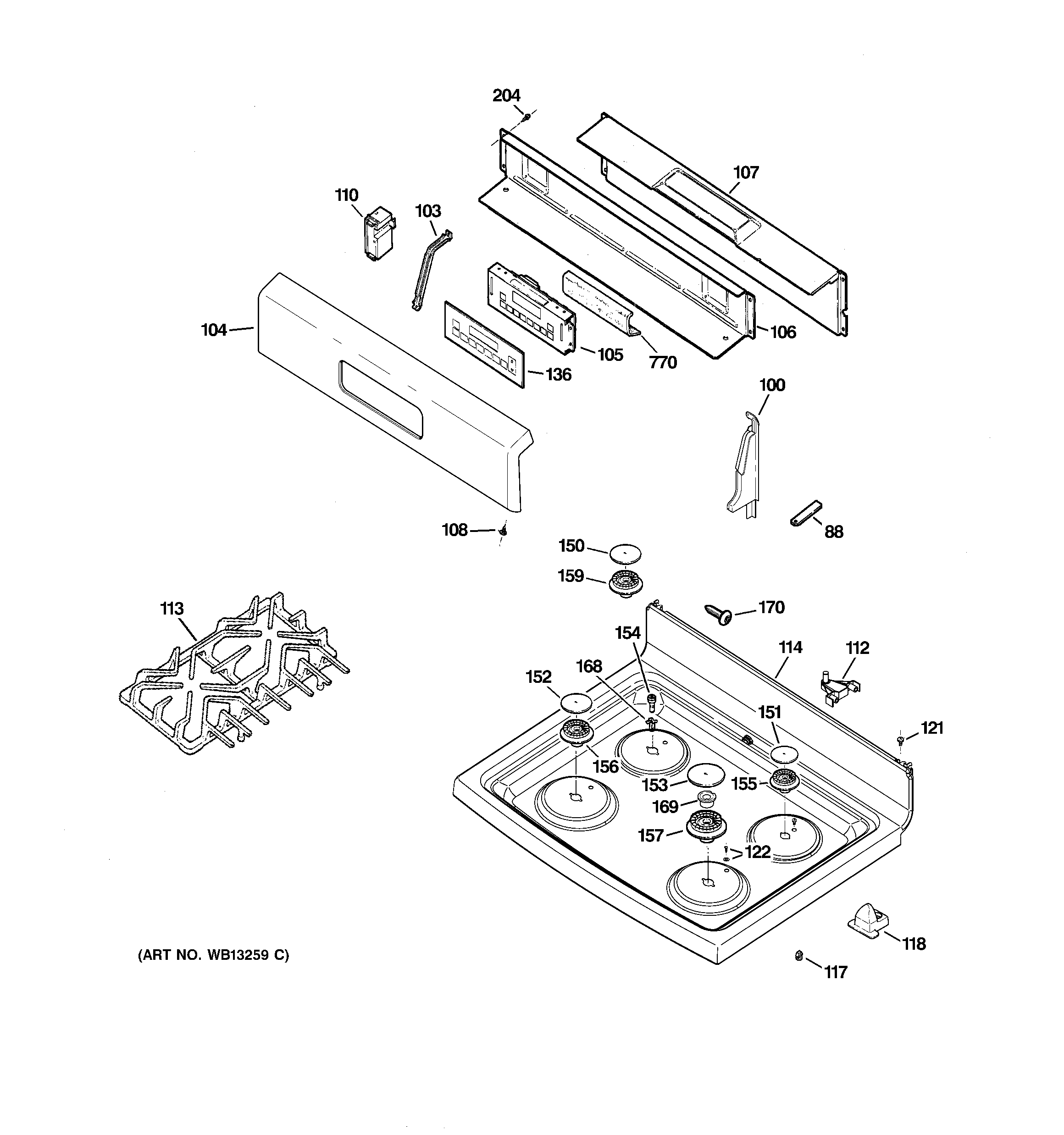 GE JGBP36BEL2BB control panel & cooktop diagram