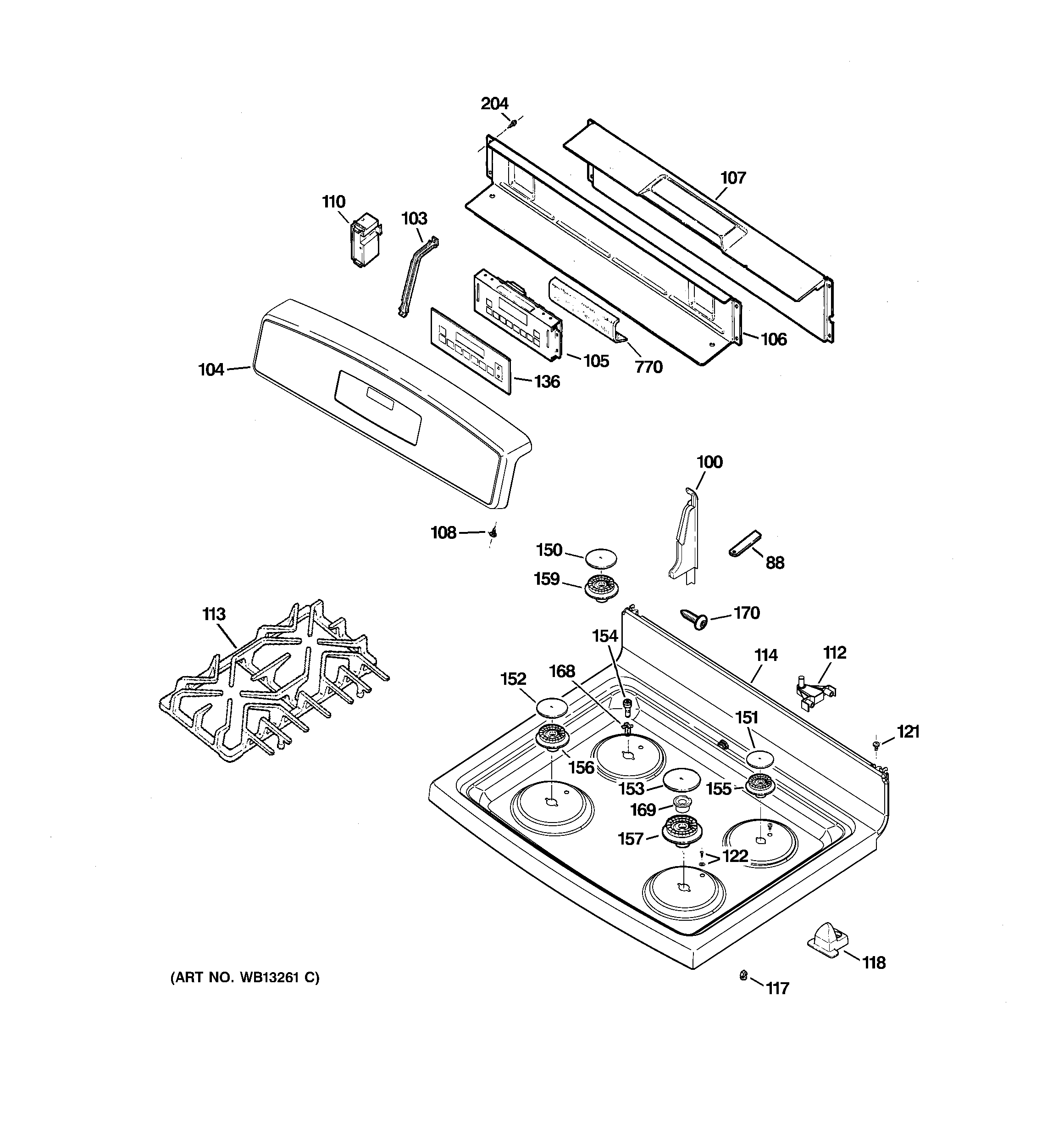GE JGBP36SEL2SS control panel & cooktop diagram