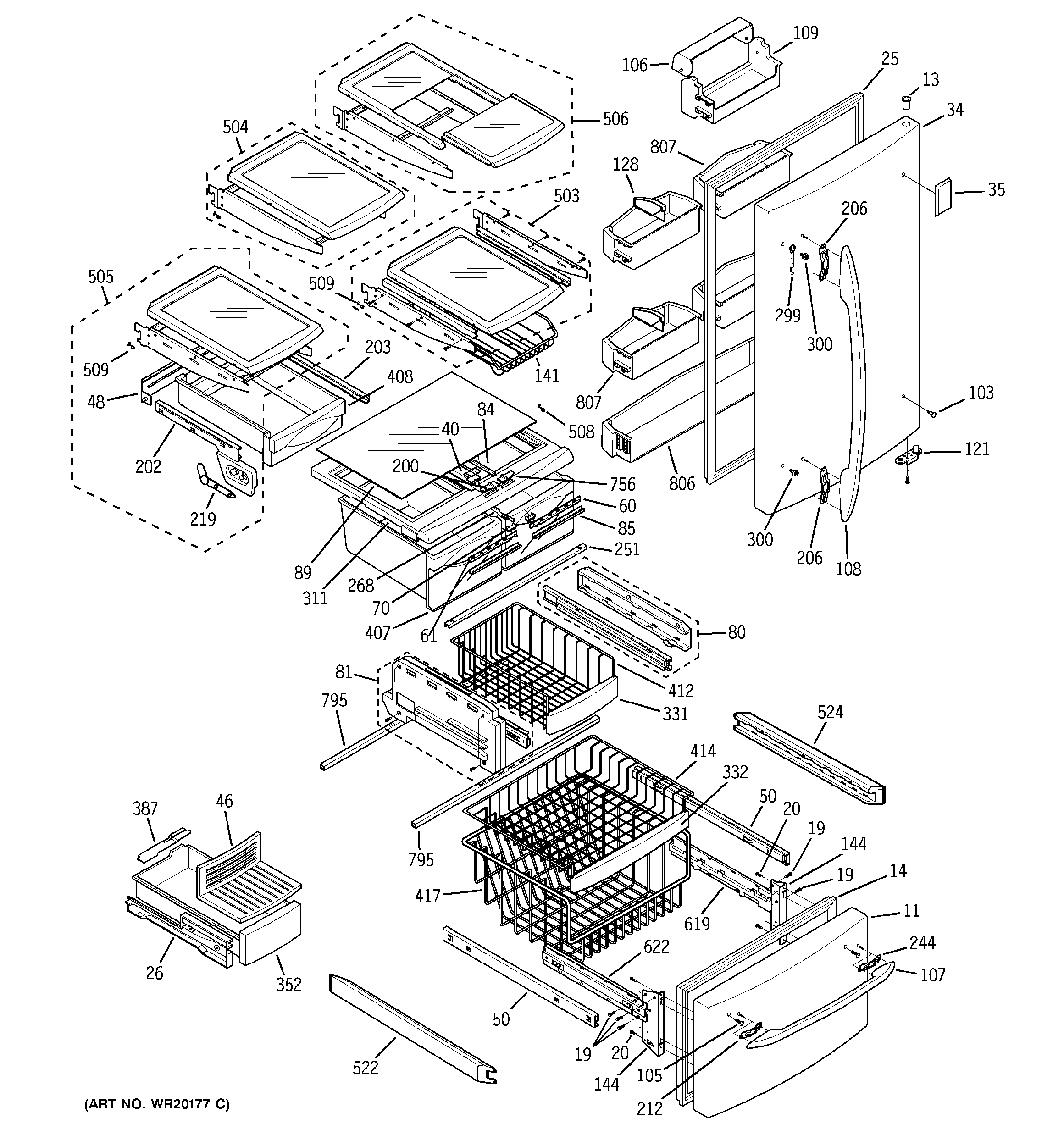 GE PDF22MFWABB doors & shelves diagram