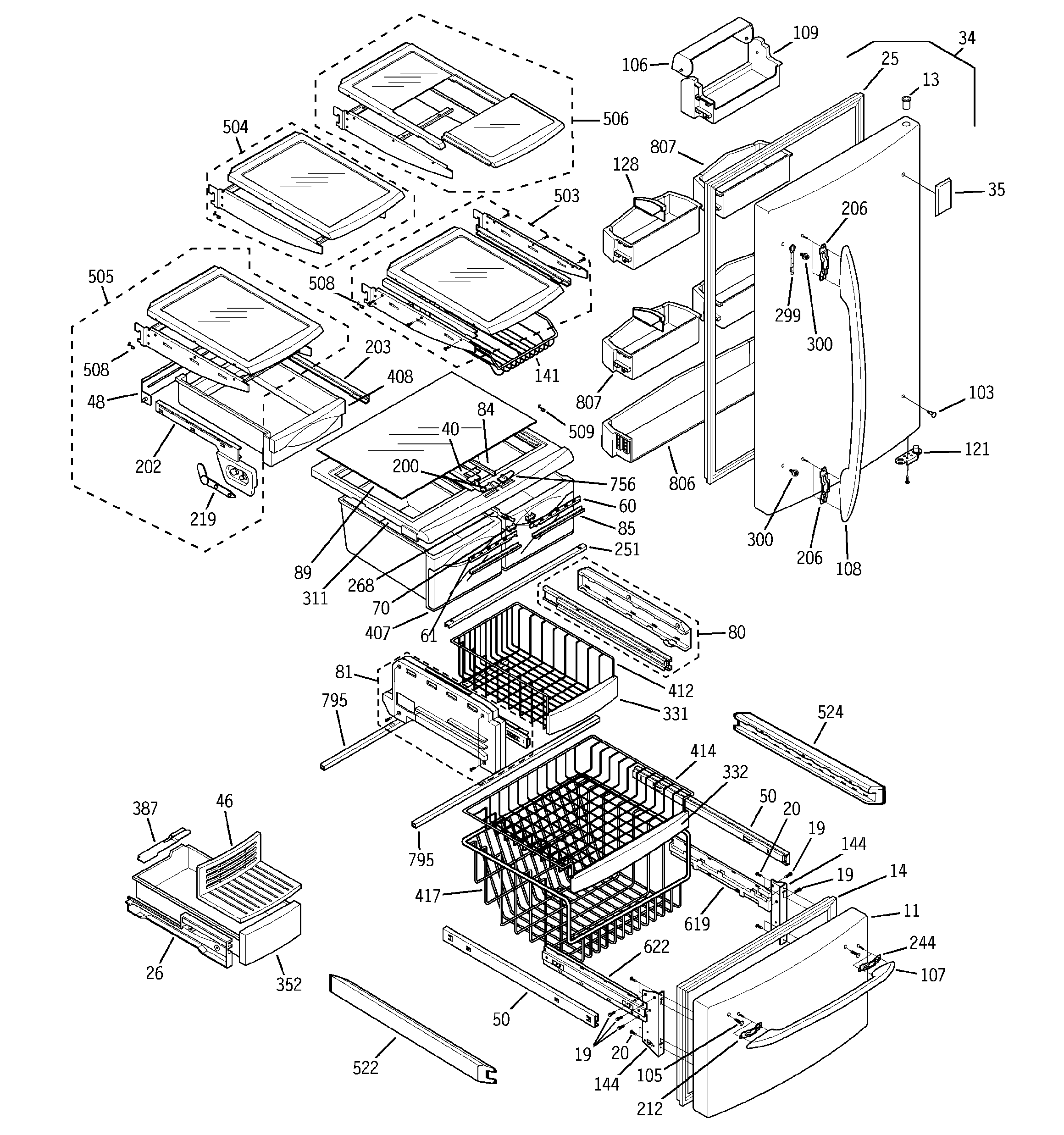 GE PDS20MFWABB doors & shelves diagram