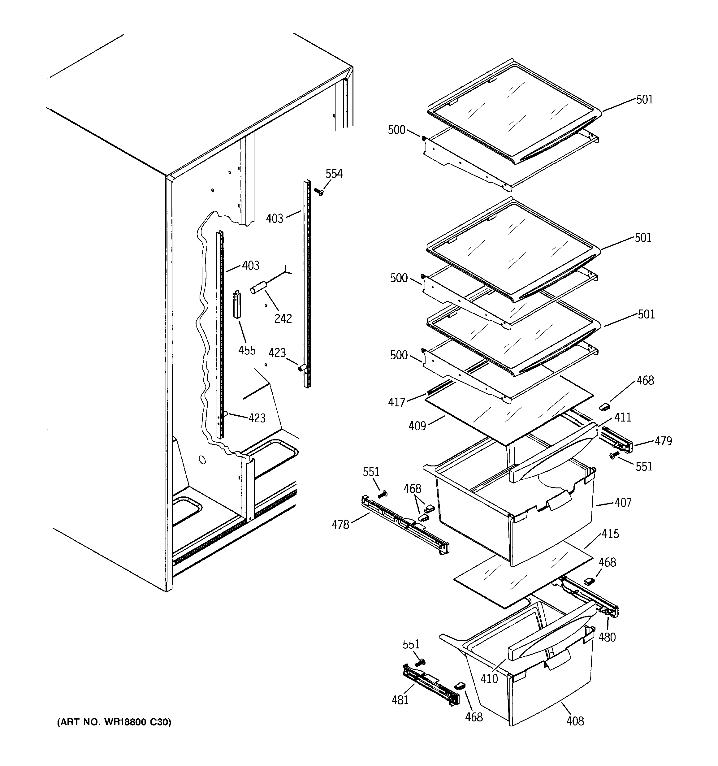 GE GSS25JETBBB fresh food shelves diagram
