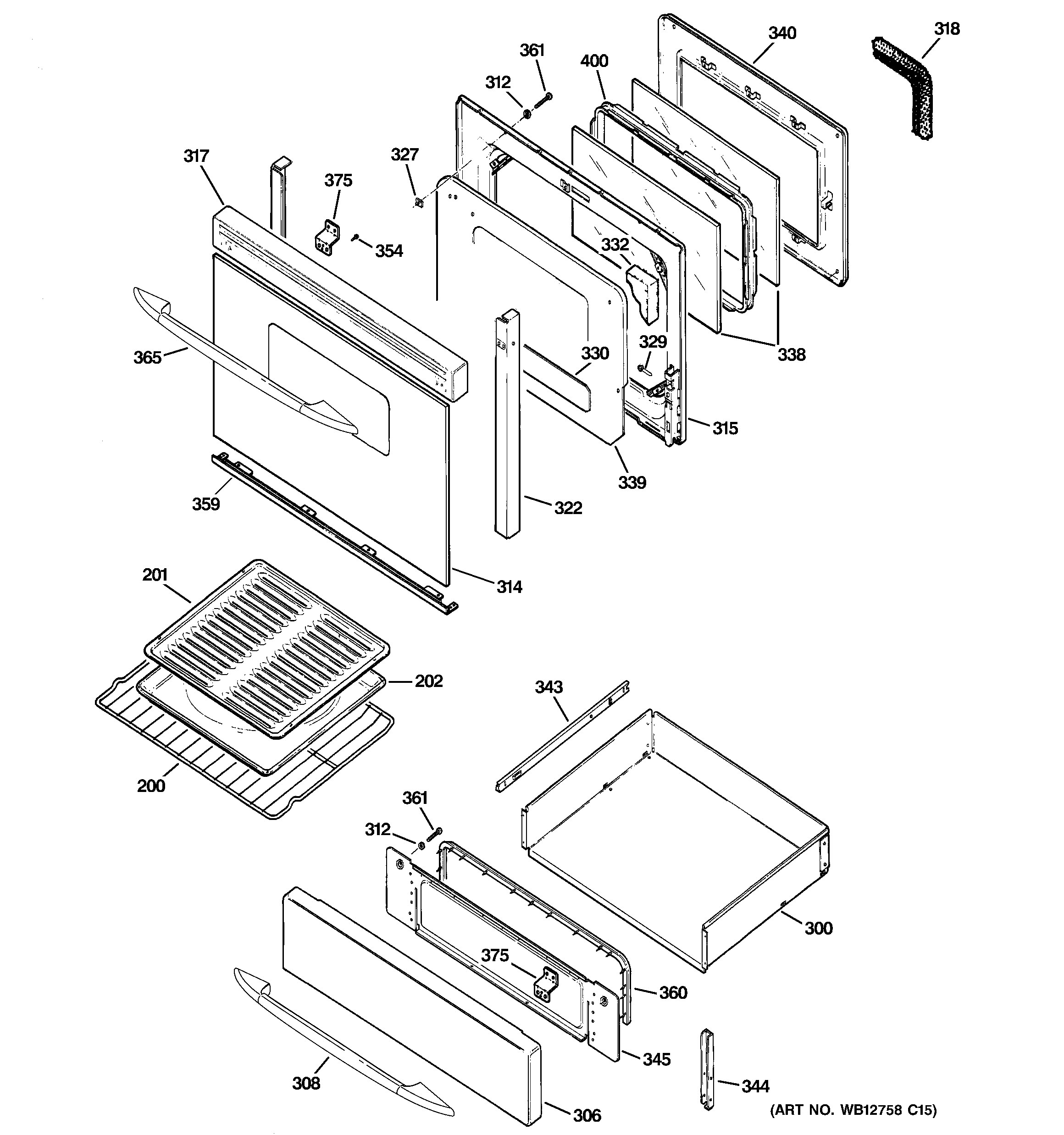 GE JGB908CEK6CC door & drawer parts diagram