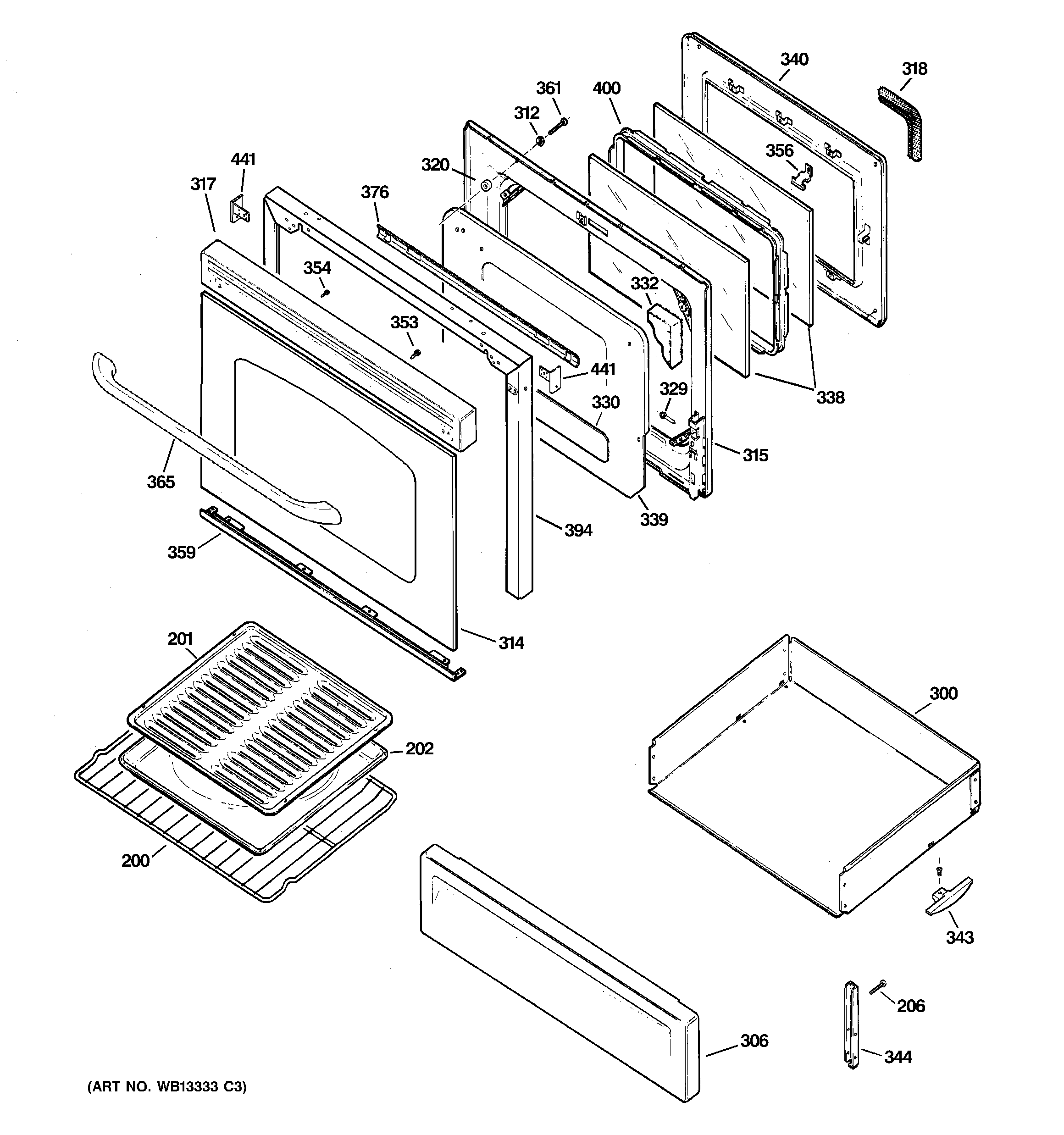 GE JGBP86BEL3BB door & drawer parts diagram