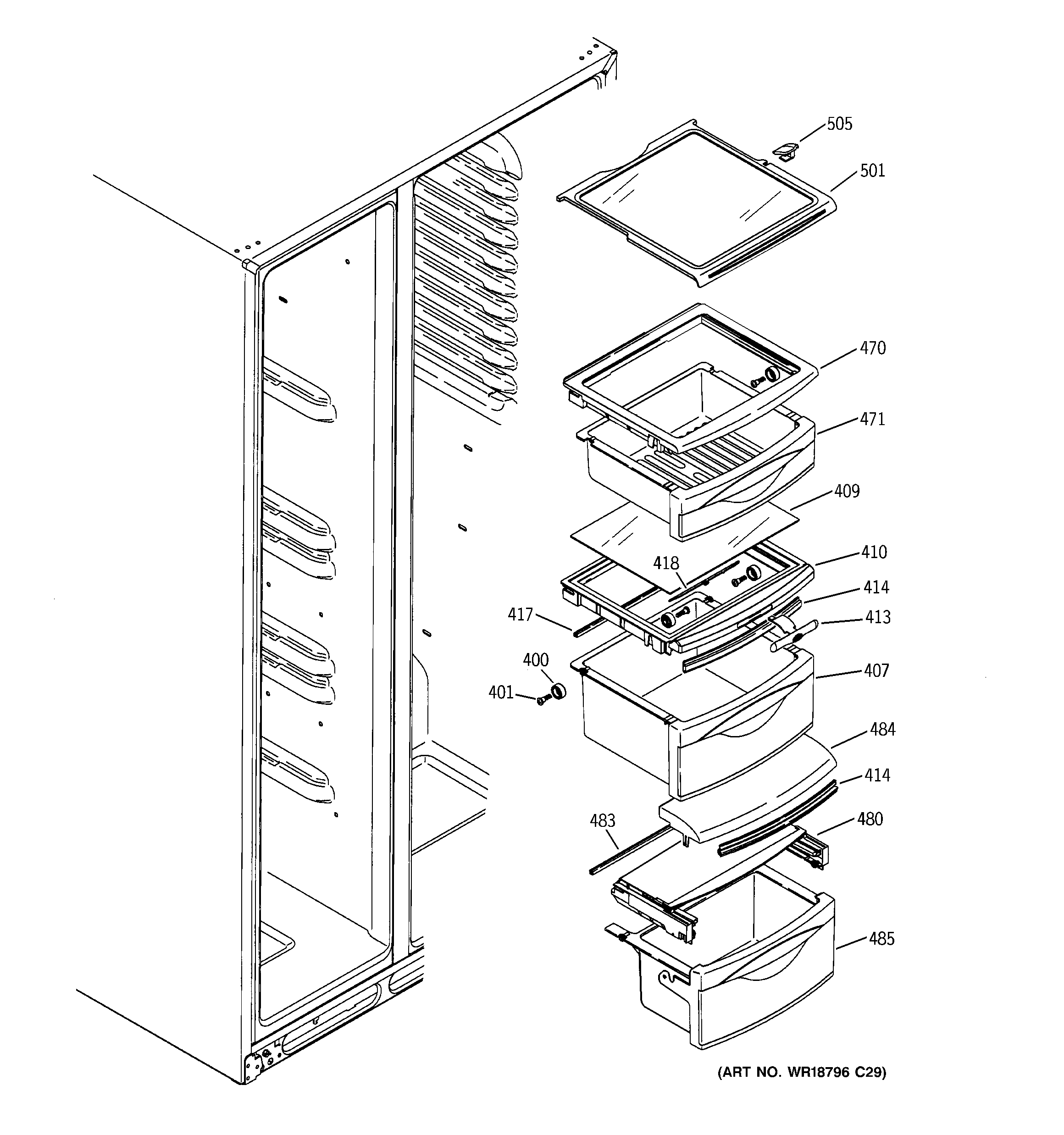 GE DSD26DGWCBG fresh food shelves diagram