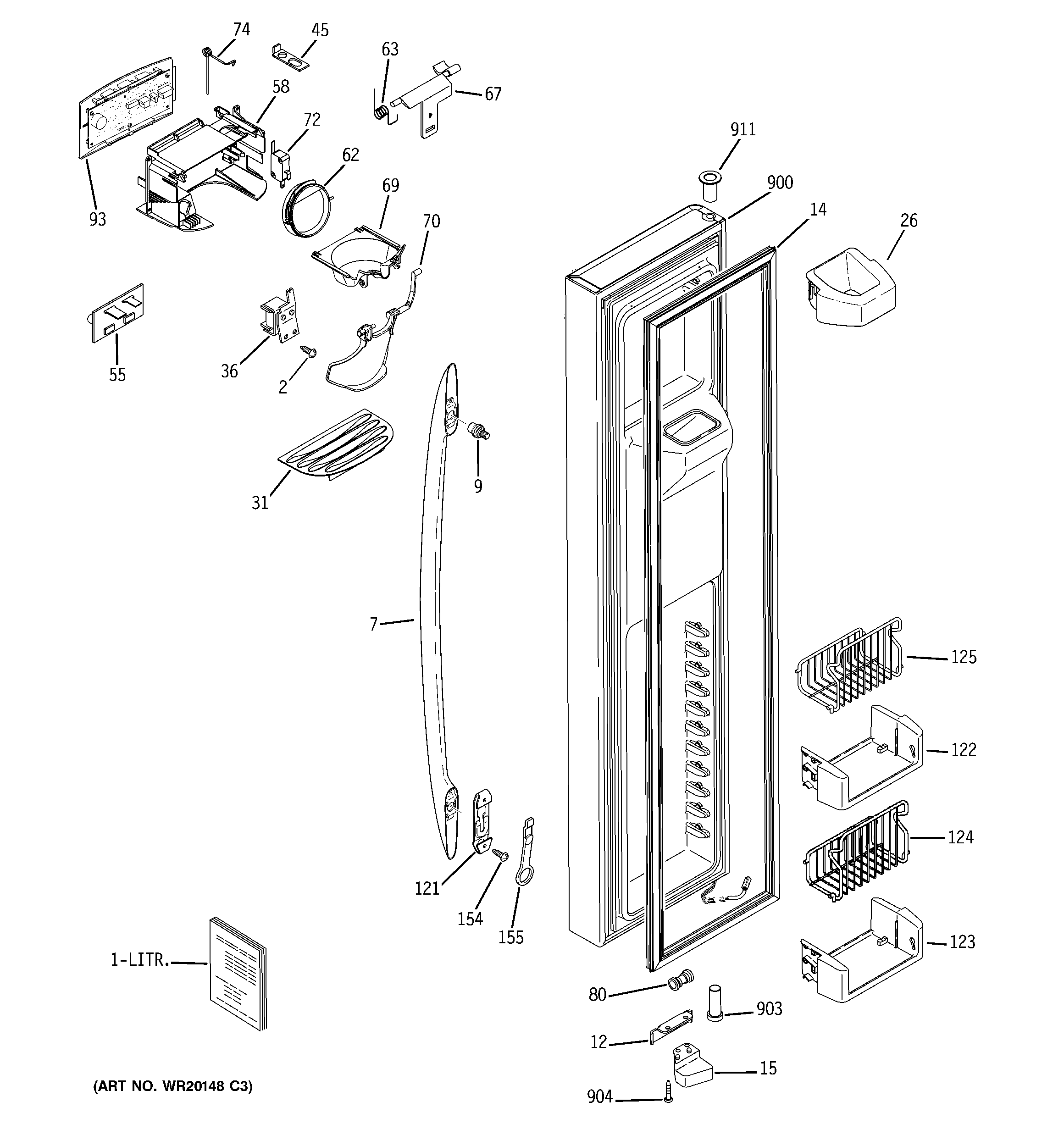 GE PSF26RGWCBB freezer door diagram