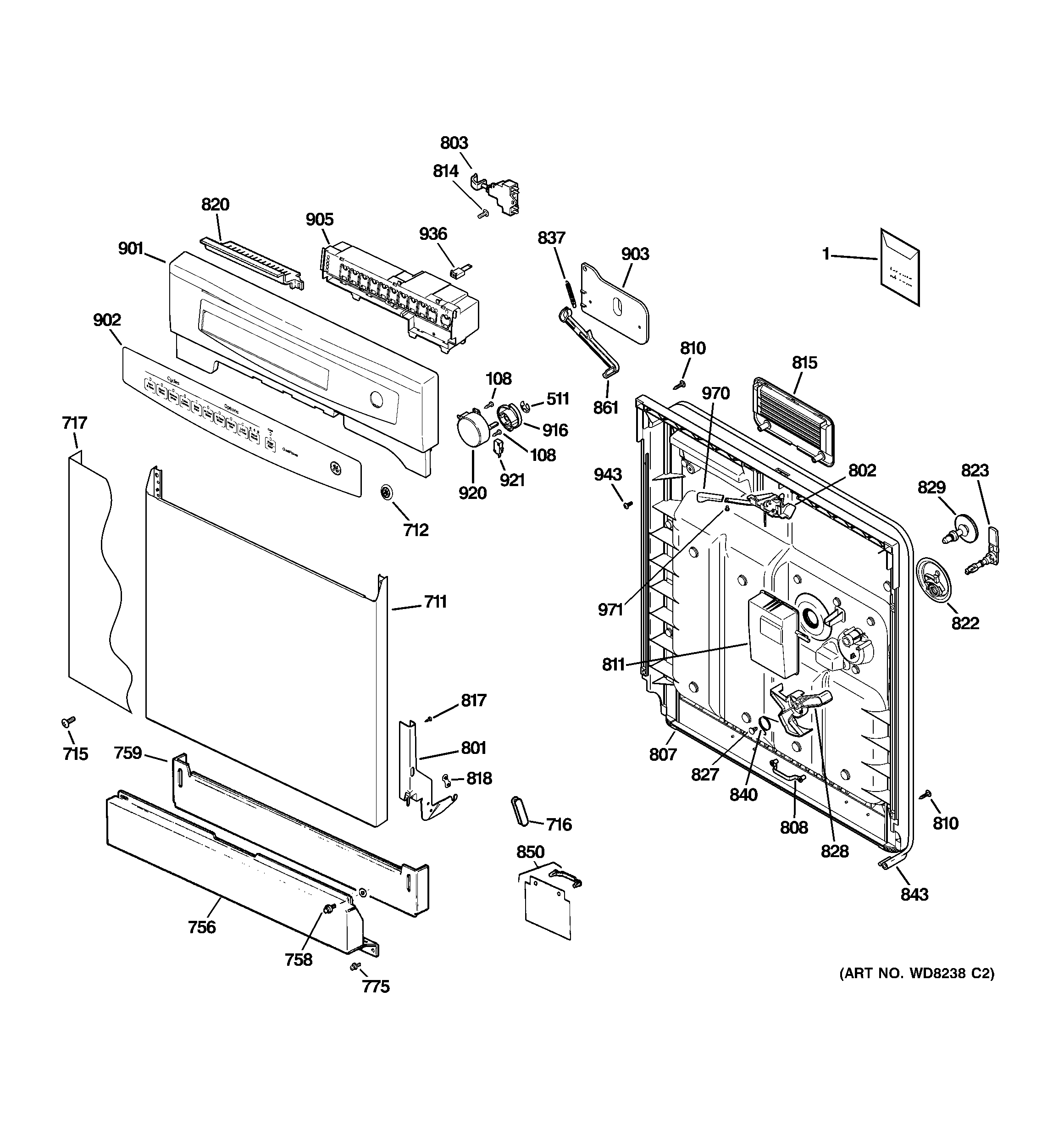 GE GSD4000N00WW escutcheon & door assembly diagram