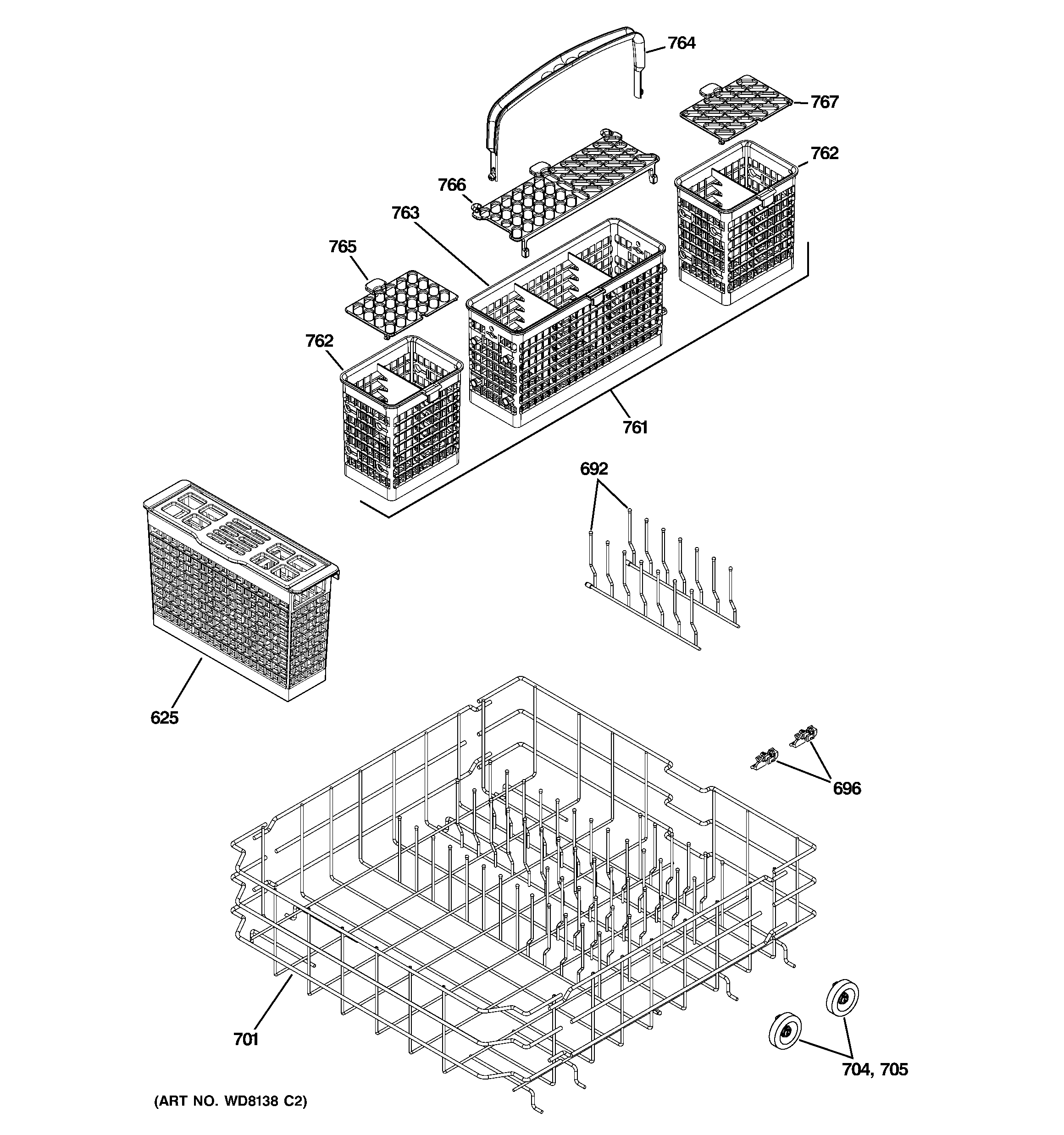 GE PDW8211N00BB lower rack assembly diagram