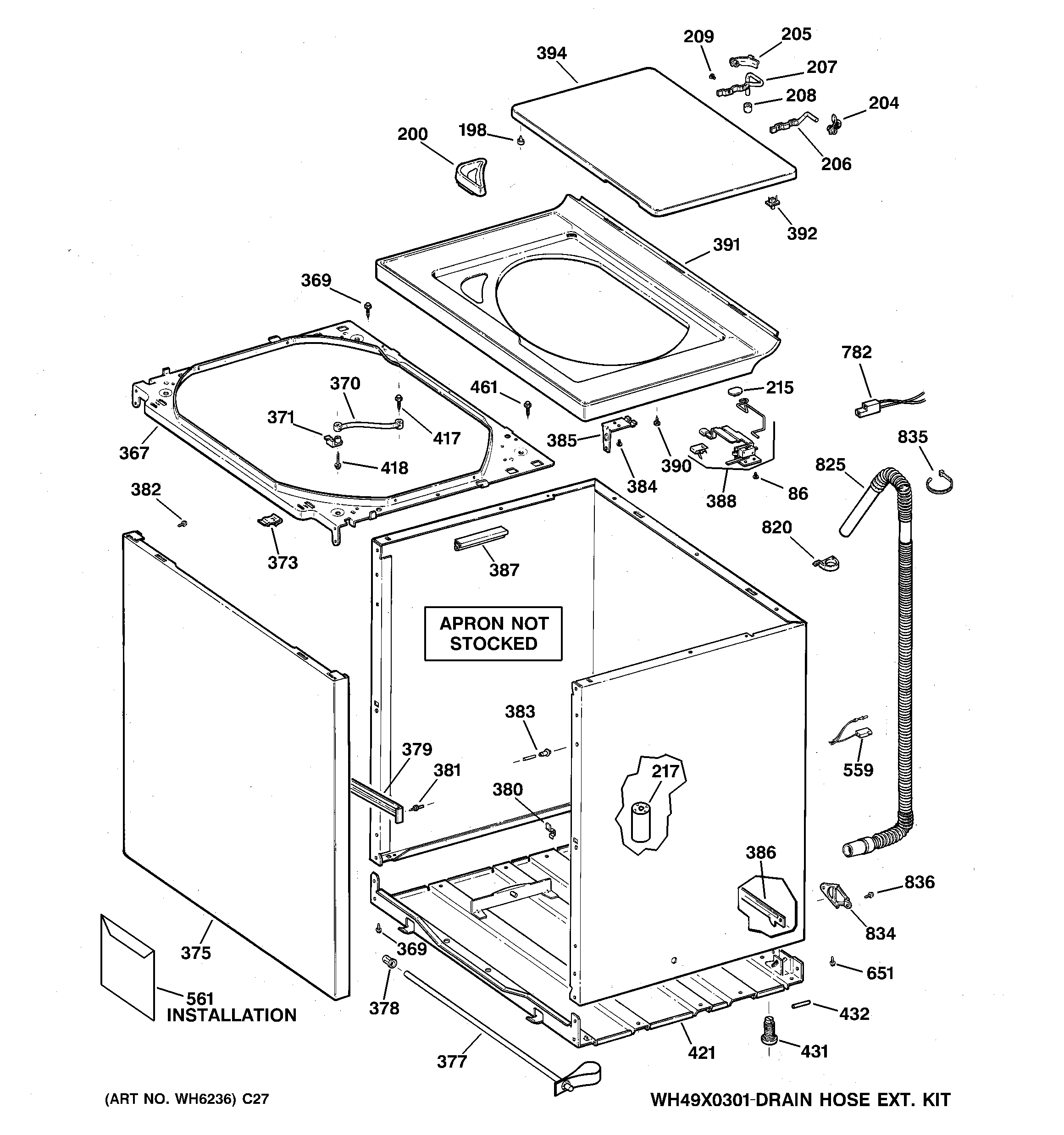 GE WCSR2080B3WW cabinet, cover & front panel diagram