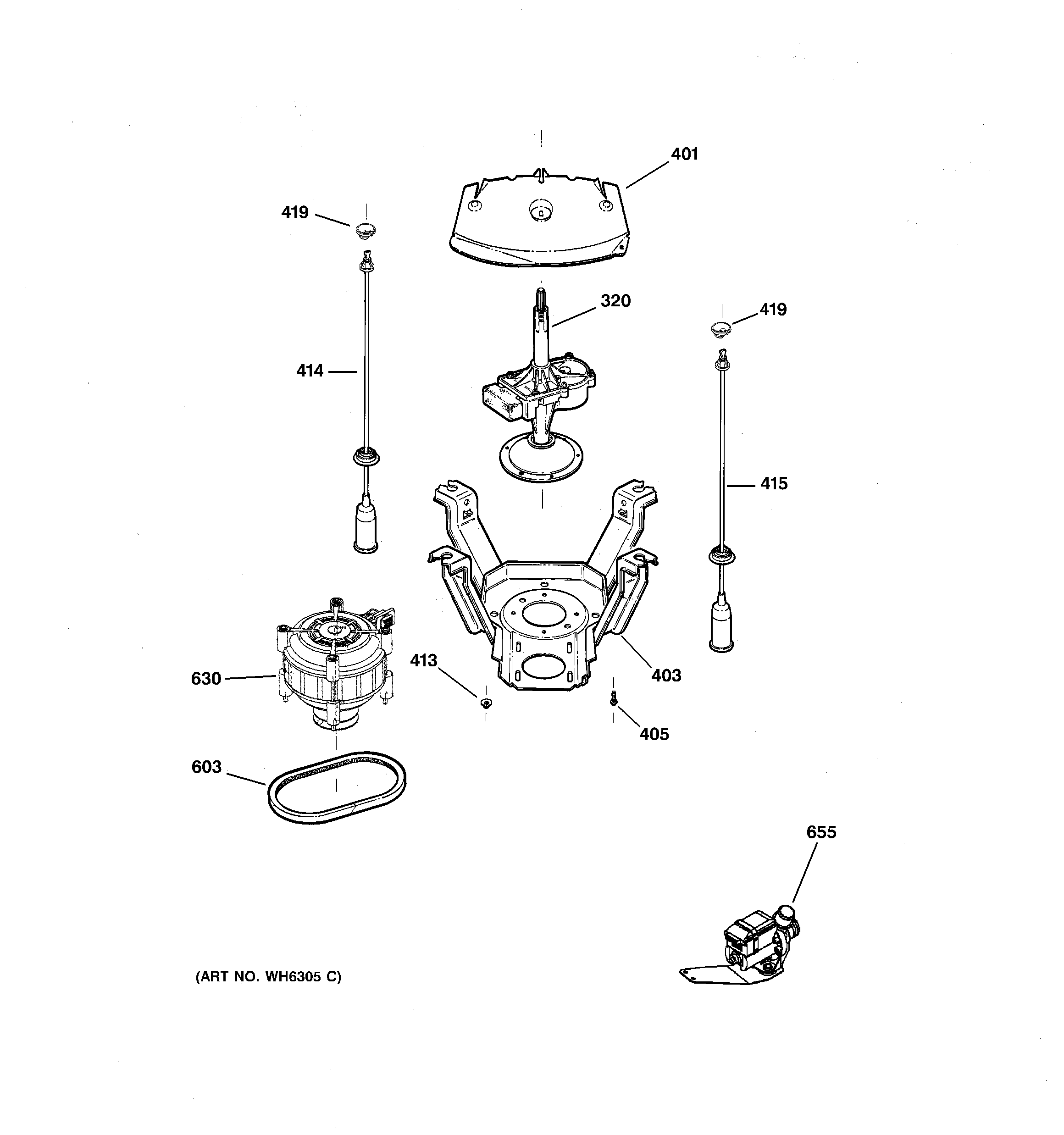 GE WCSR2080B3WW suspension, pump & drive components diagram