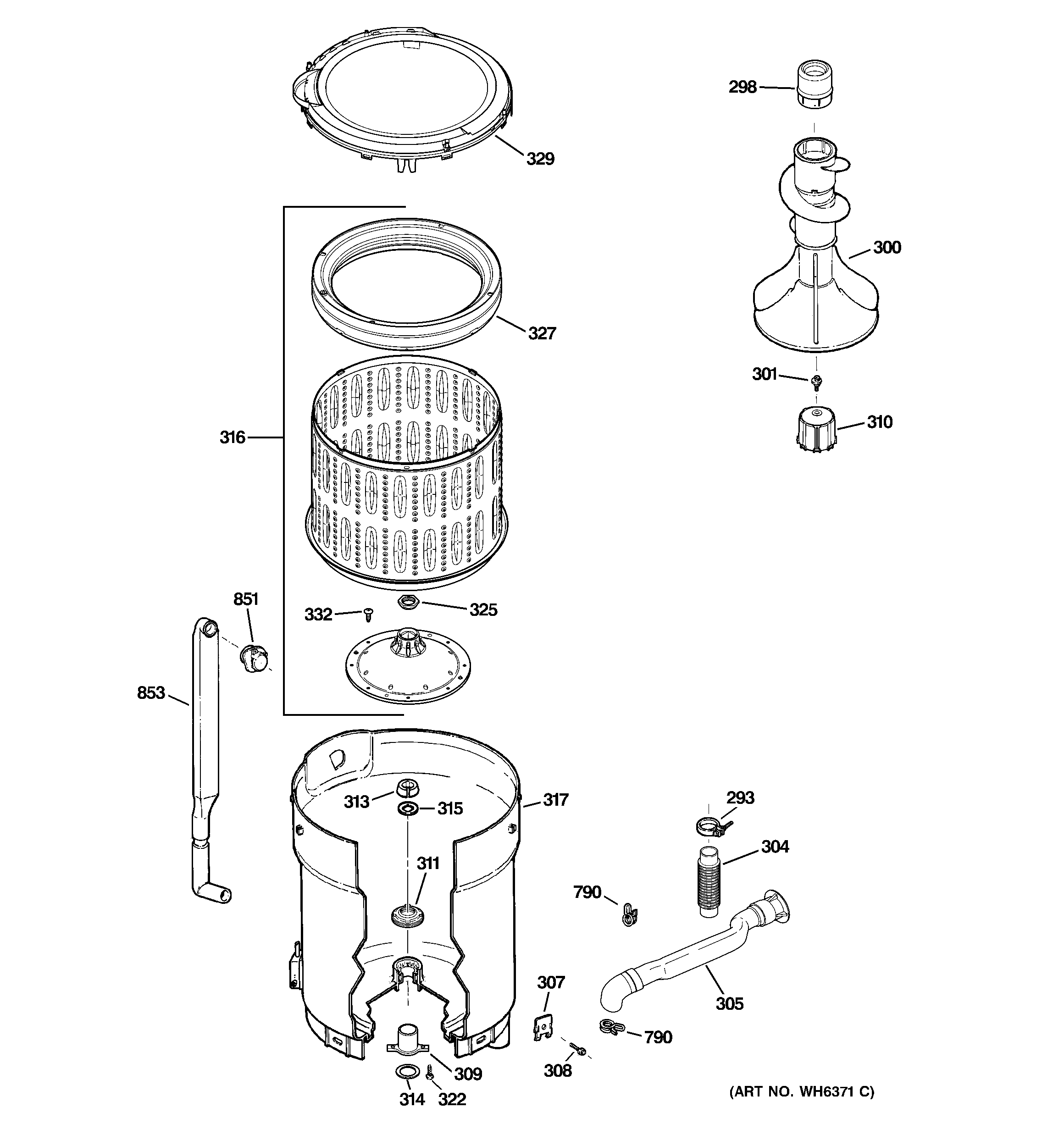 GE WPRE6150H0WT tub, basket & agitator diagram