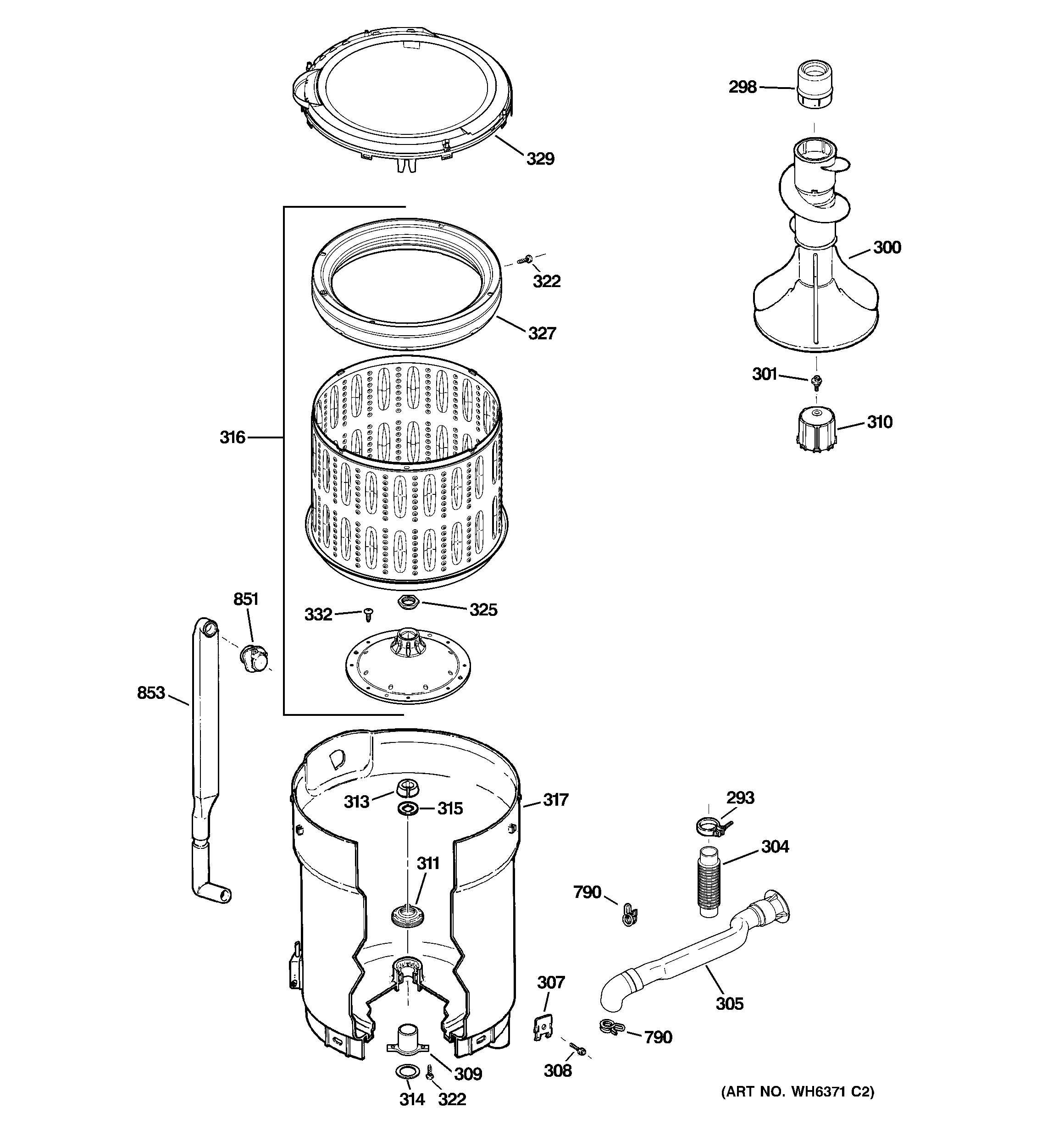 GE WPRE8350H0WT tub, basket & agitator diagram