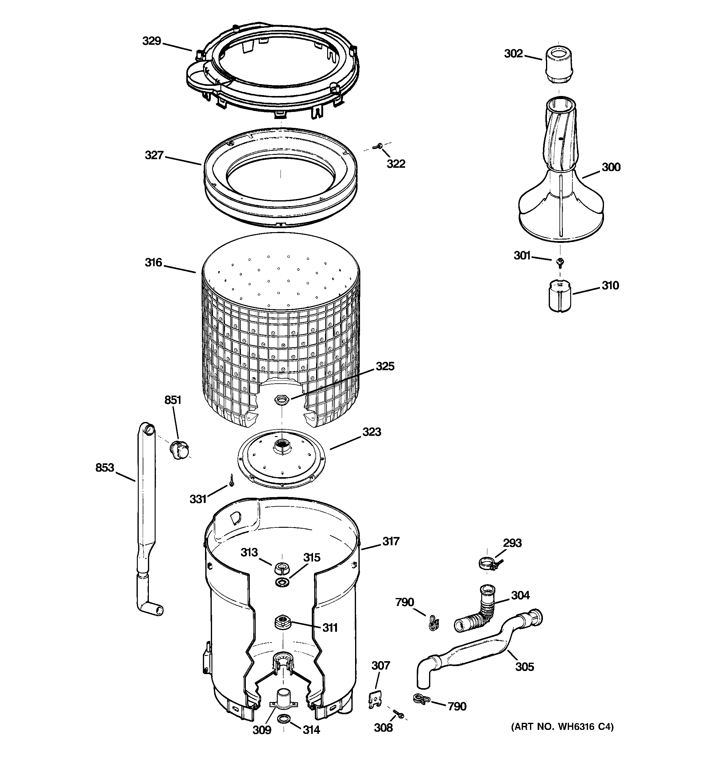 GE WDSR2080D5CC tub, basket & agitator diagram