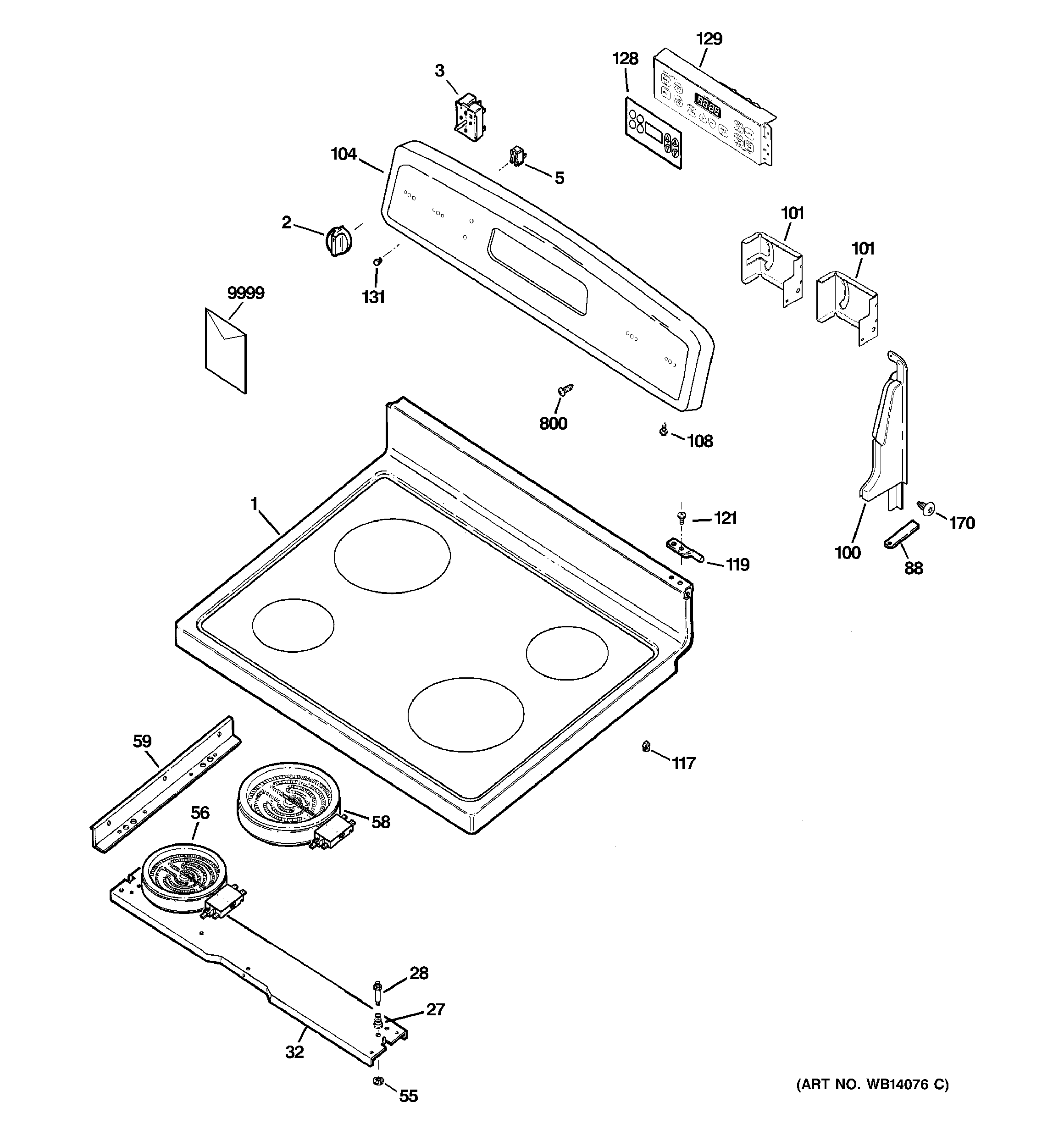 GE JBP61DM1WW control panel & cooktop diagram
