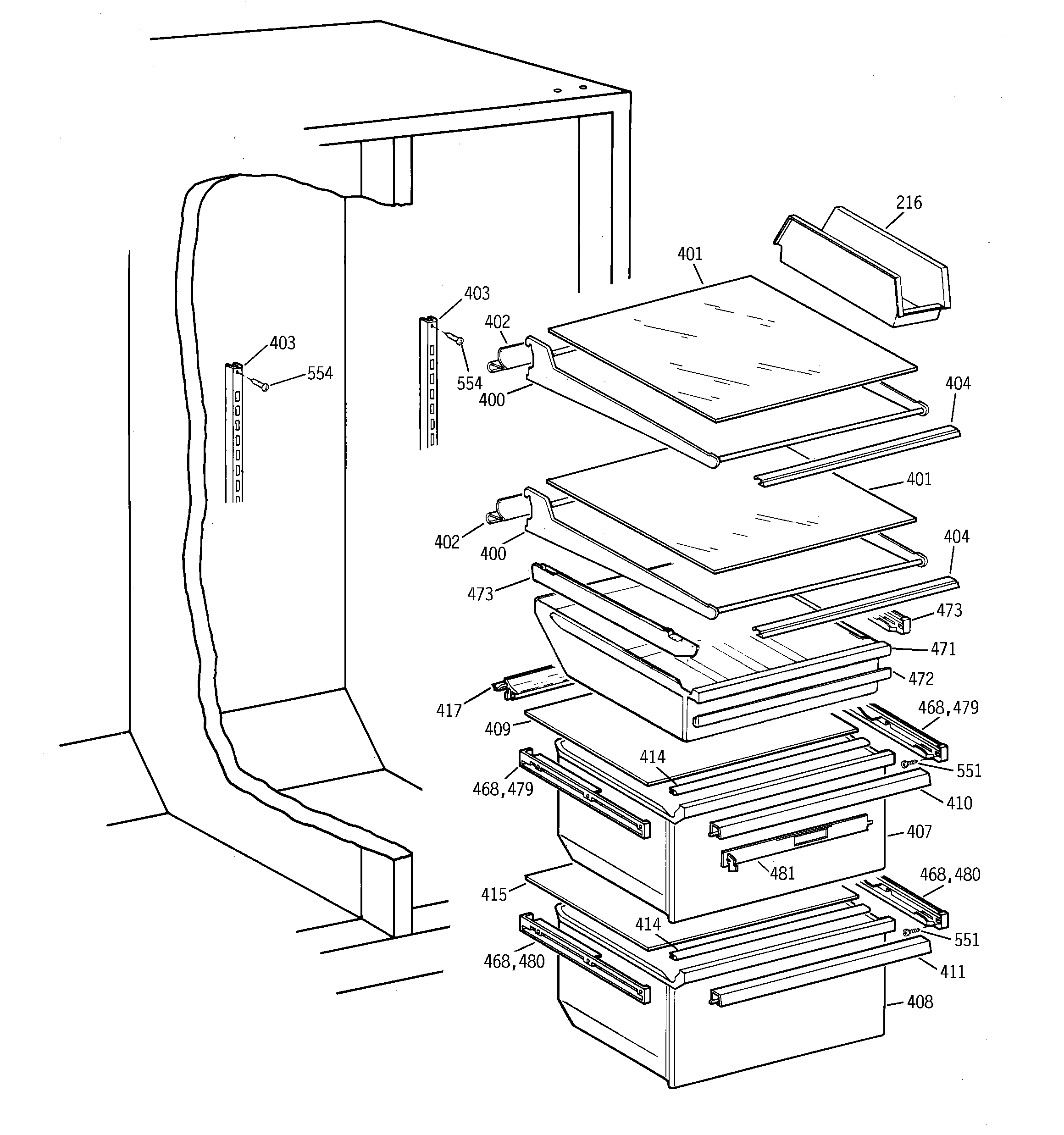 Hotpoint CSG28DHCGWW fresh food shelves diagram