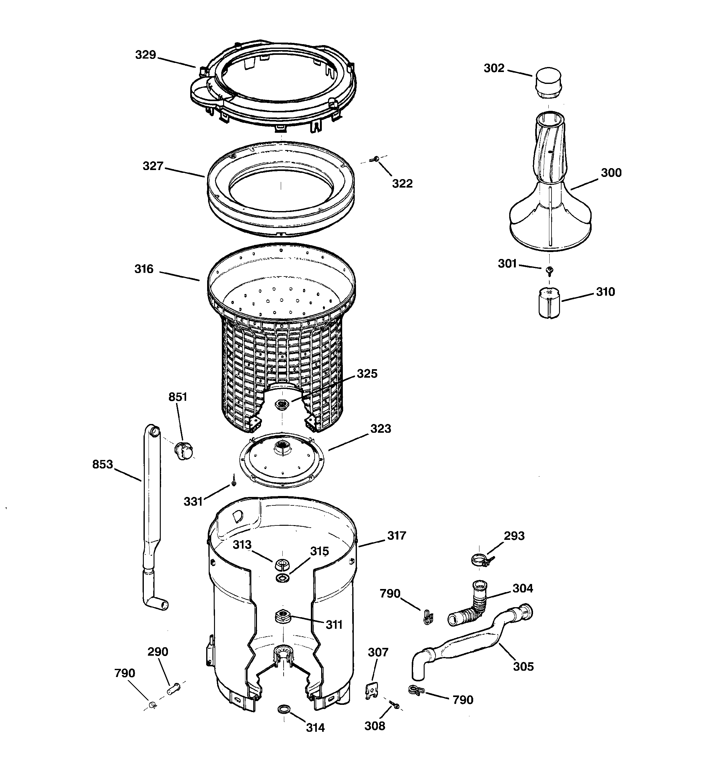 Hotpoint VBXR1070W1WW tub, basket & agitator diagram