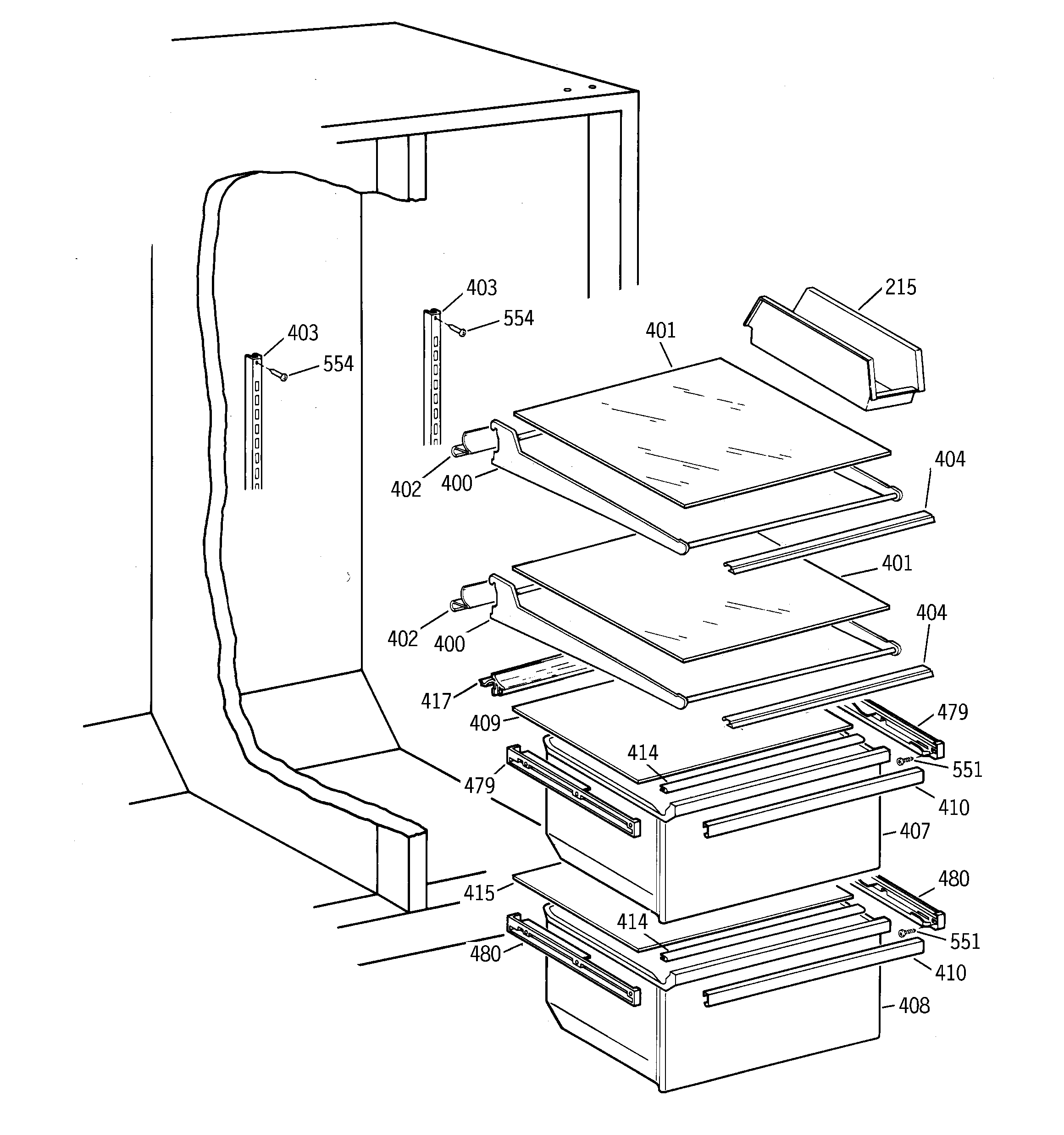 Hotpoint CST20KABGWH fresh food shelves diagram