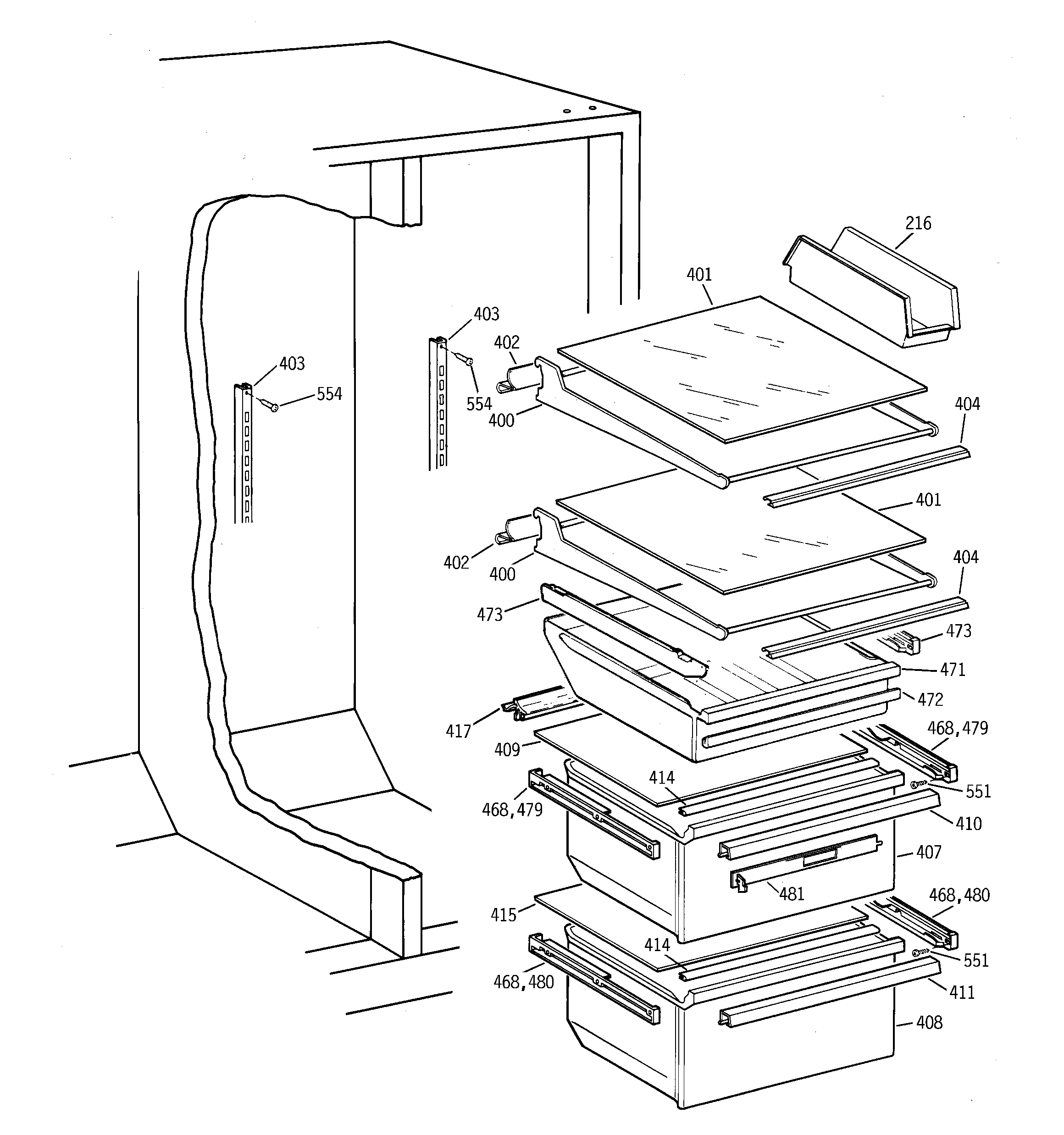 Hotpoint CSK30DRBGAA fresh food shelves diagram