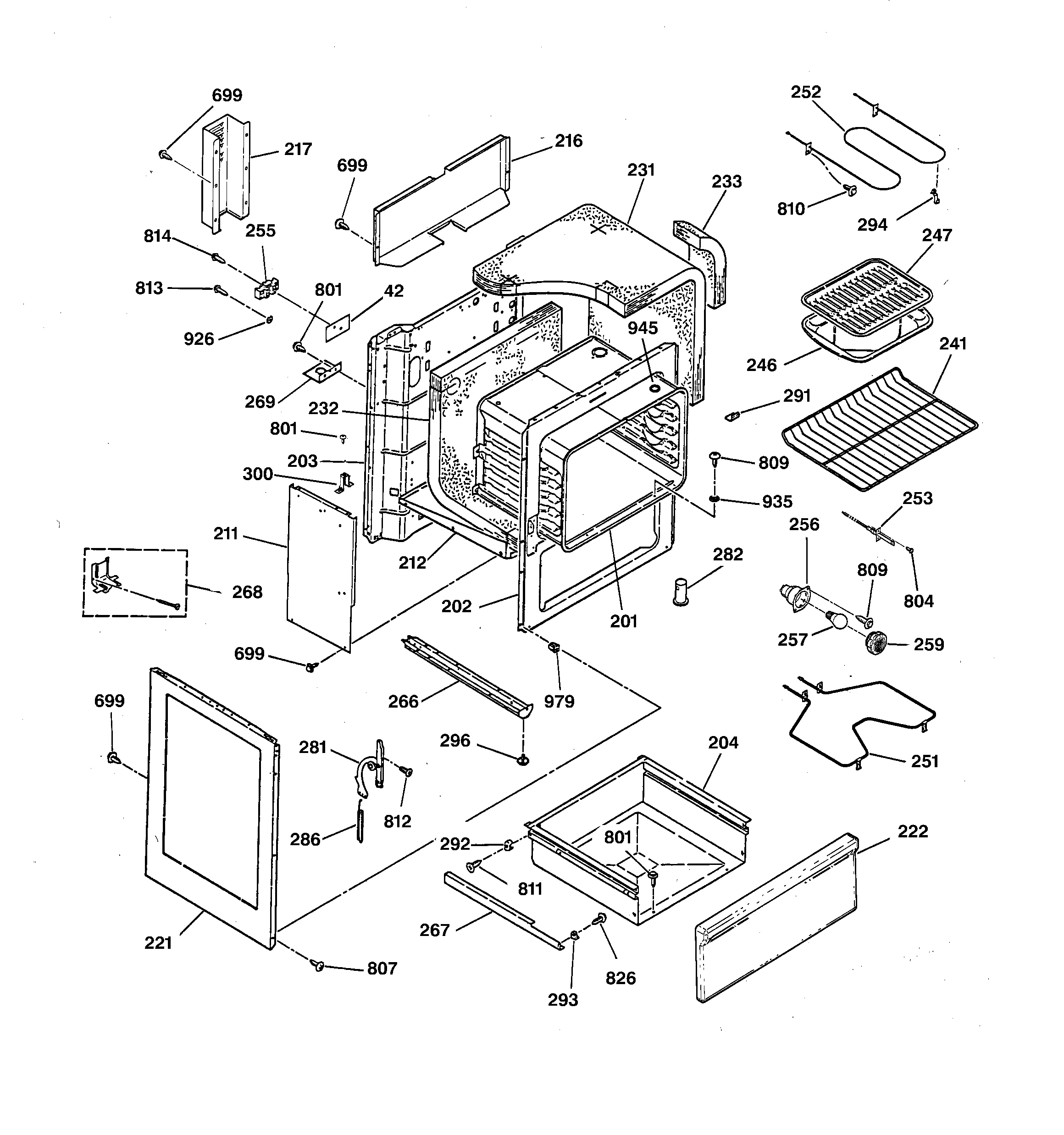 Hotpoint RB756GT5WW body & drawer parts diagram