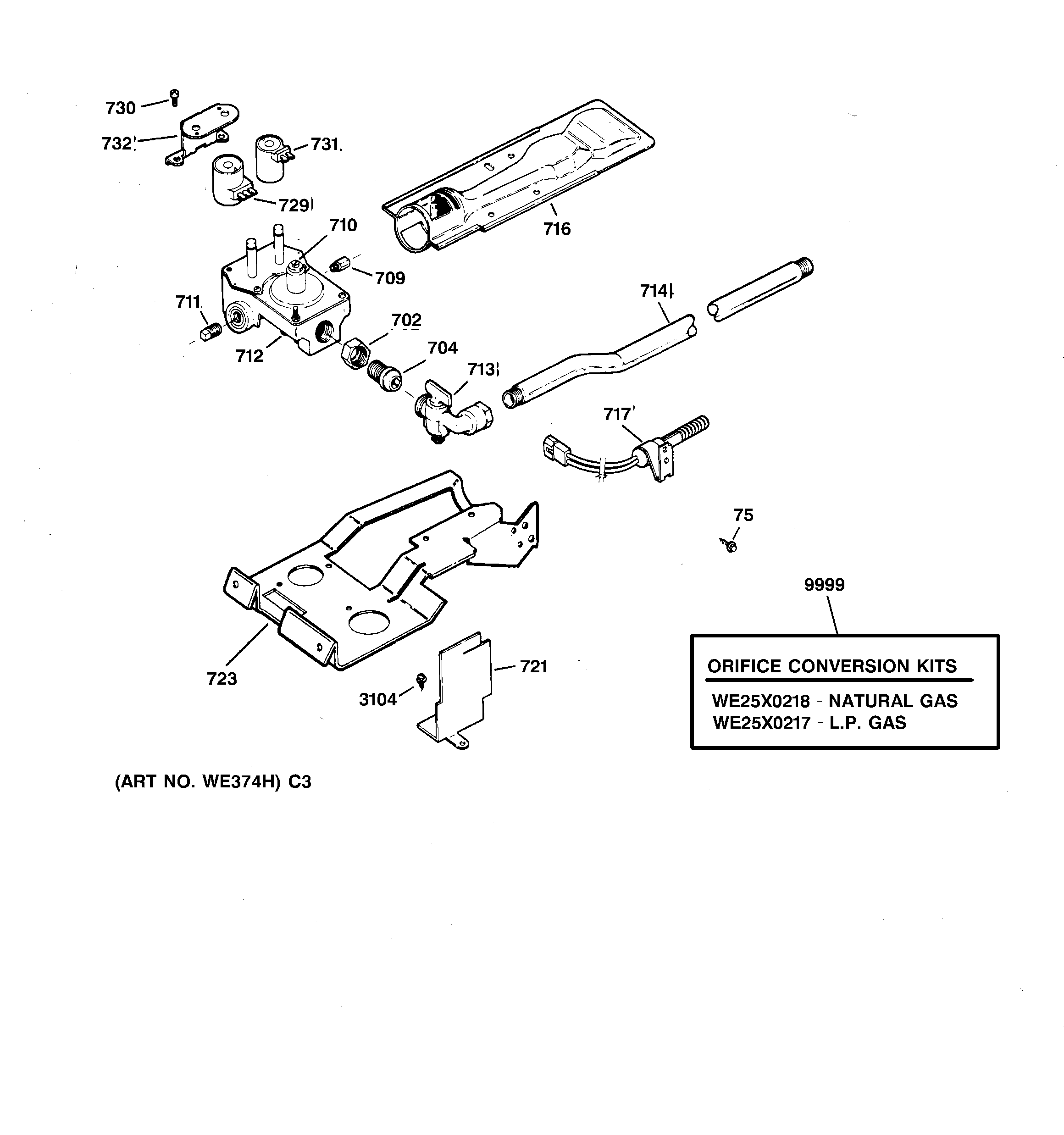 Hotpoint NBXR453GV1AA gas valve & burner assembly diagram
