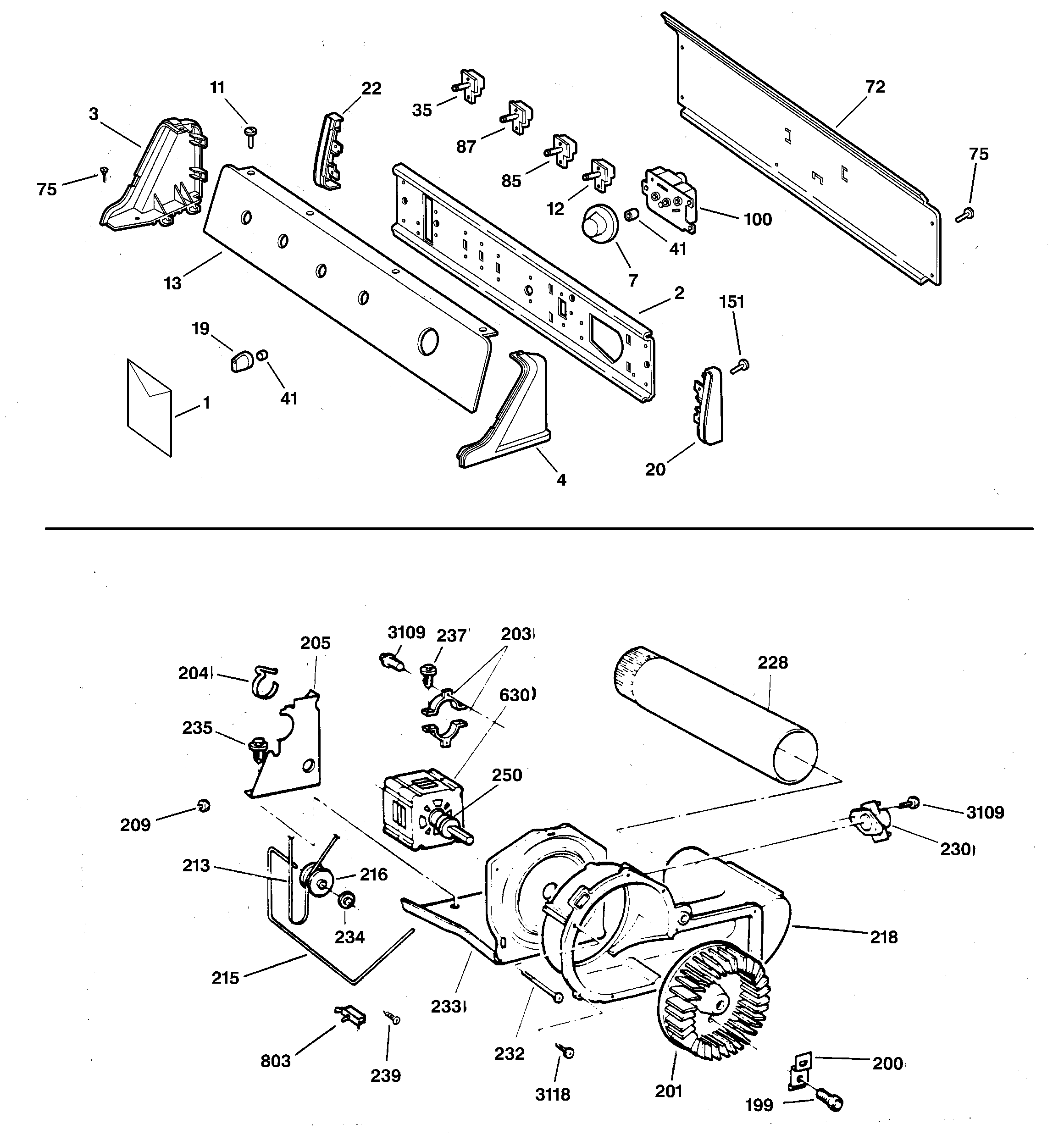 Hotpoint NWXR473GV1WW backsplash, blower & drive assembly diagram