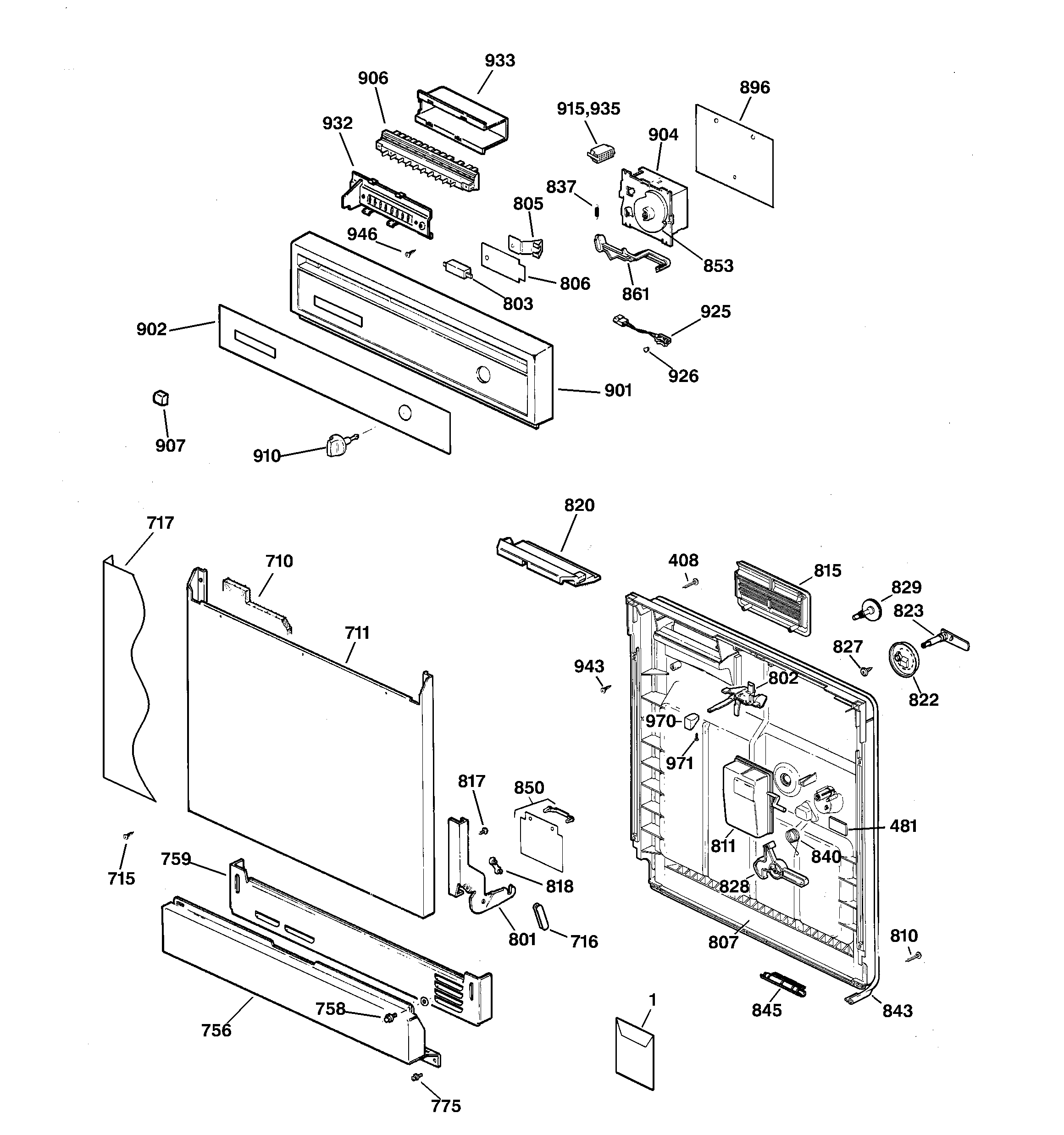 Hotpoint HDA3400F00AA escutcheon & door assembly diagram