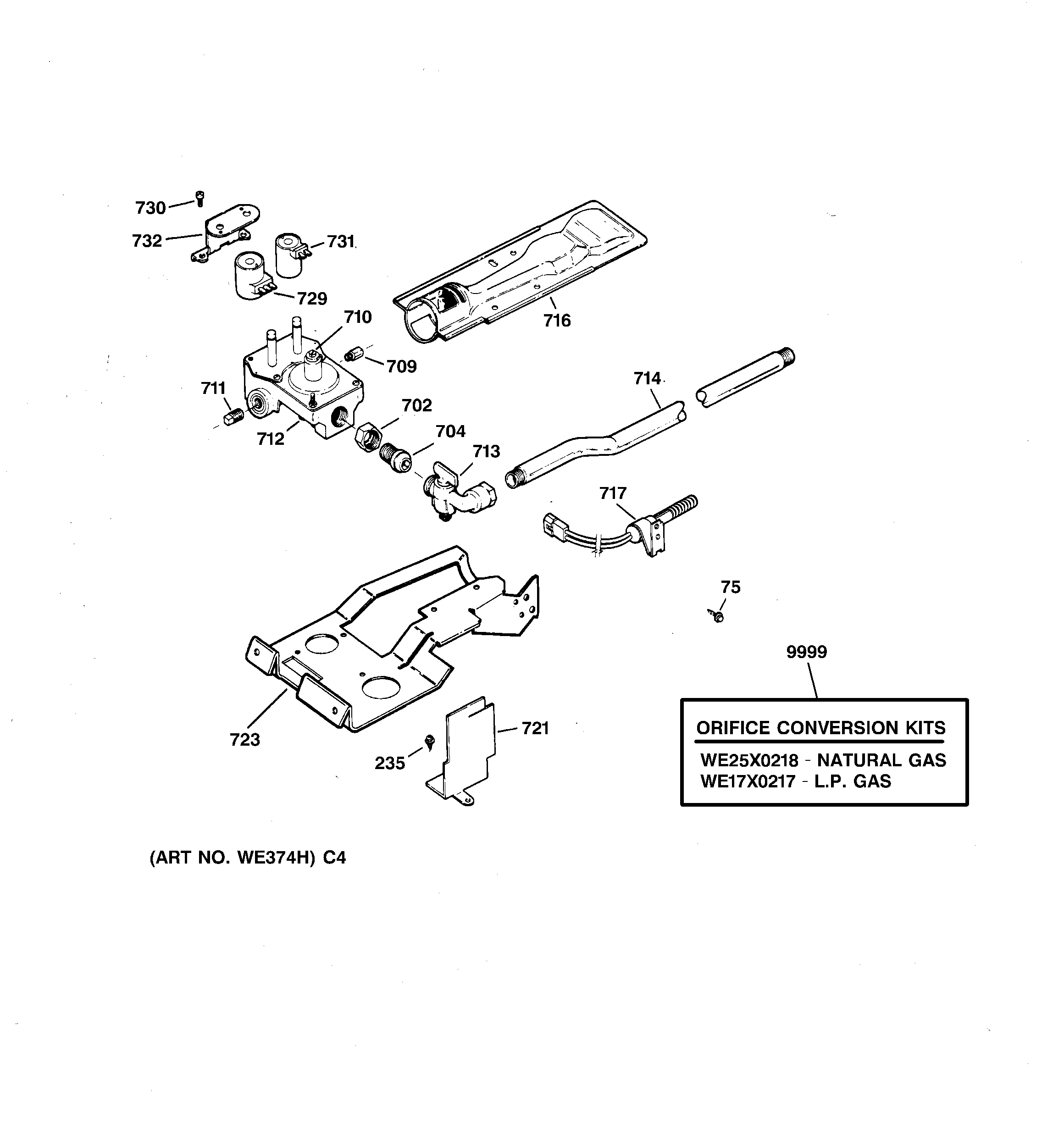 Hotpoint NWXR473GV3AA gas valve & burner assembly diagram