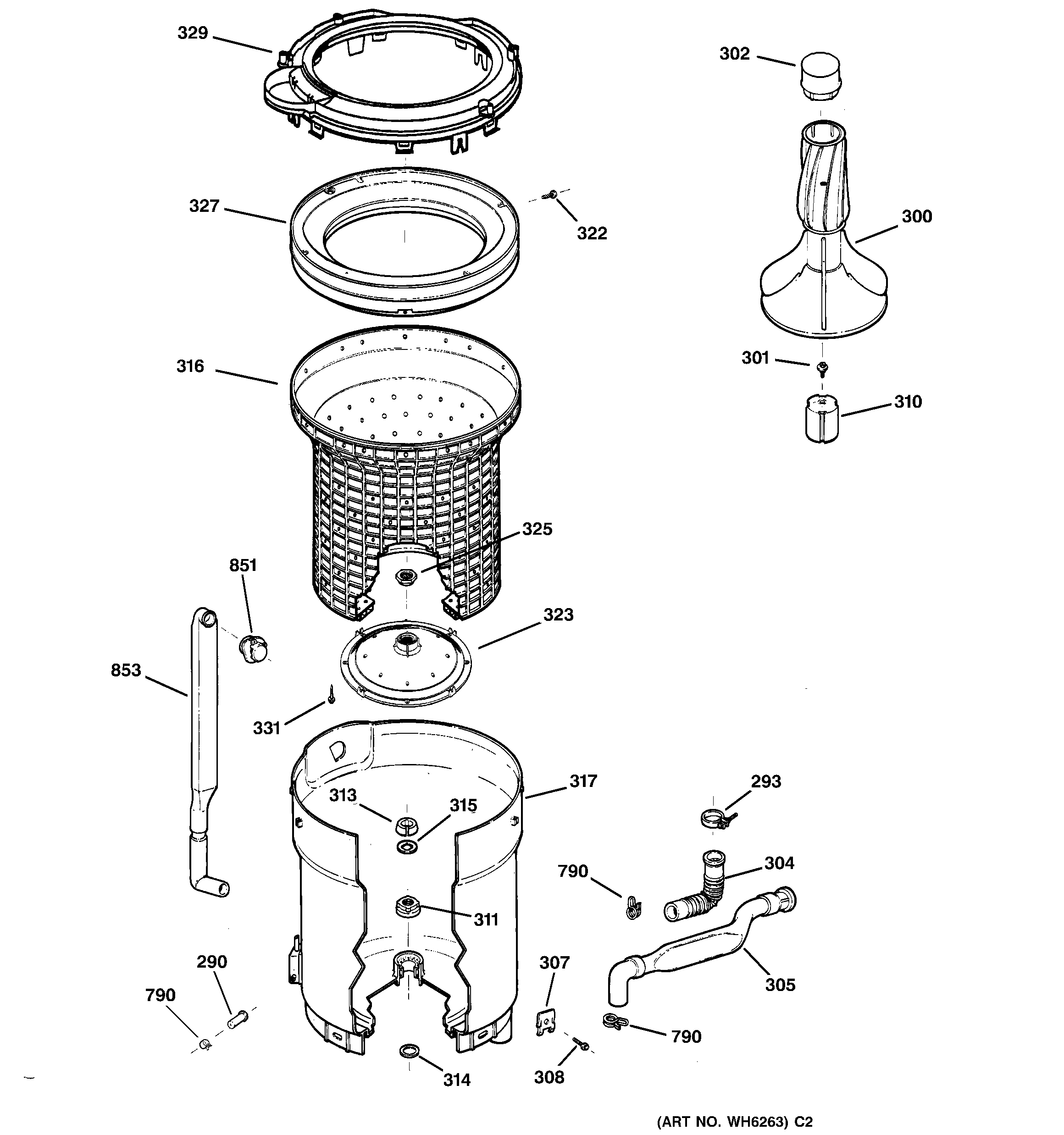 Hotpoint VLXR1020A5WO tub, basket & agitator diagram