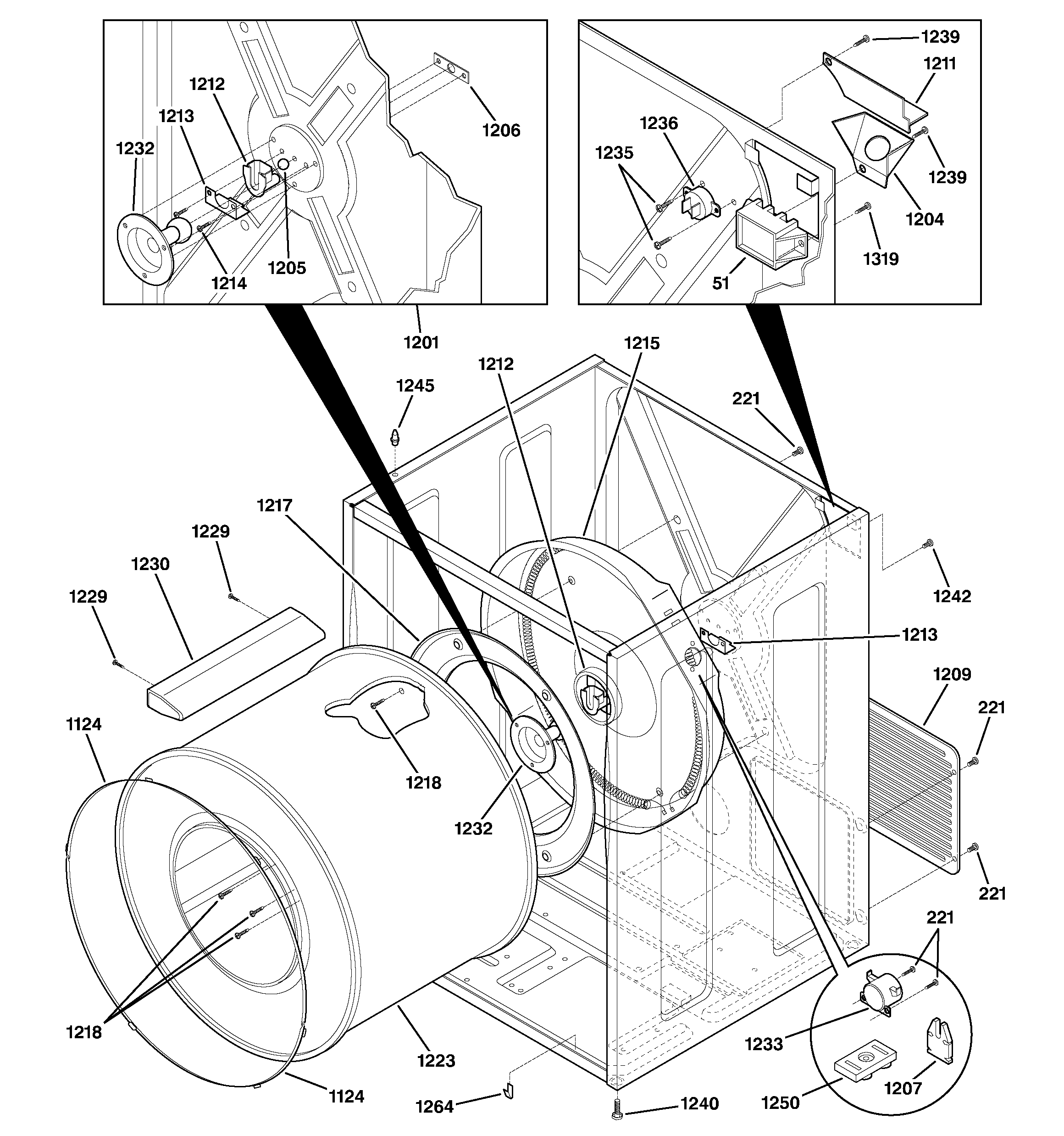 Hotpoint NLL113EY4WO cabinet & drum diagram