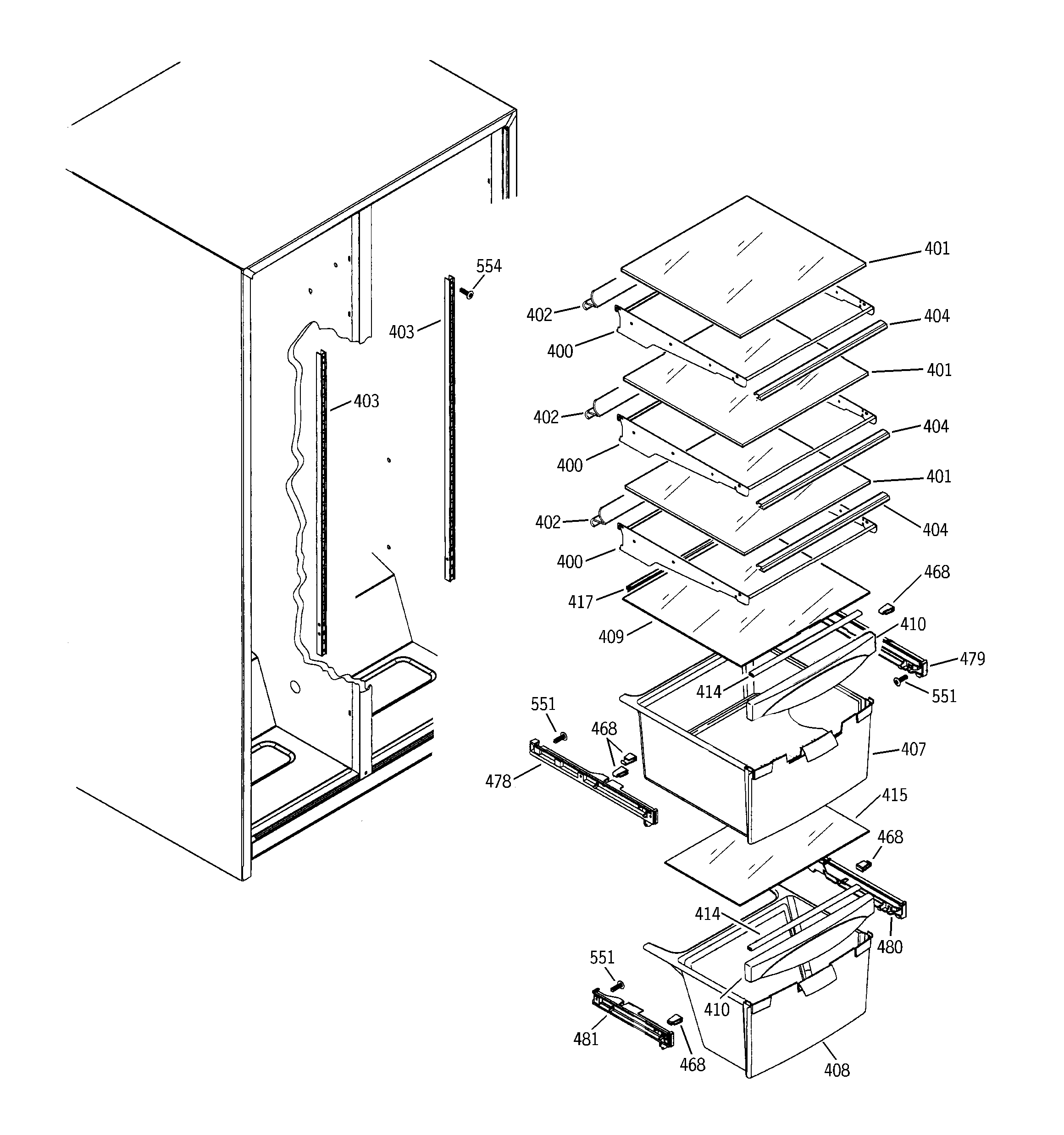Hotpoint HSS25GFPCWW fresh food shelves diagram