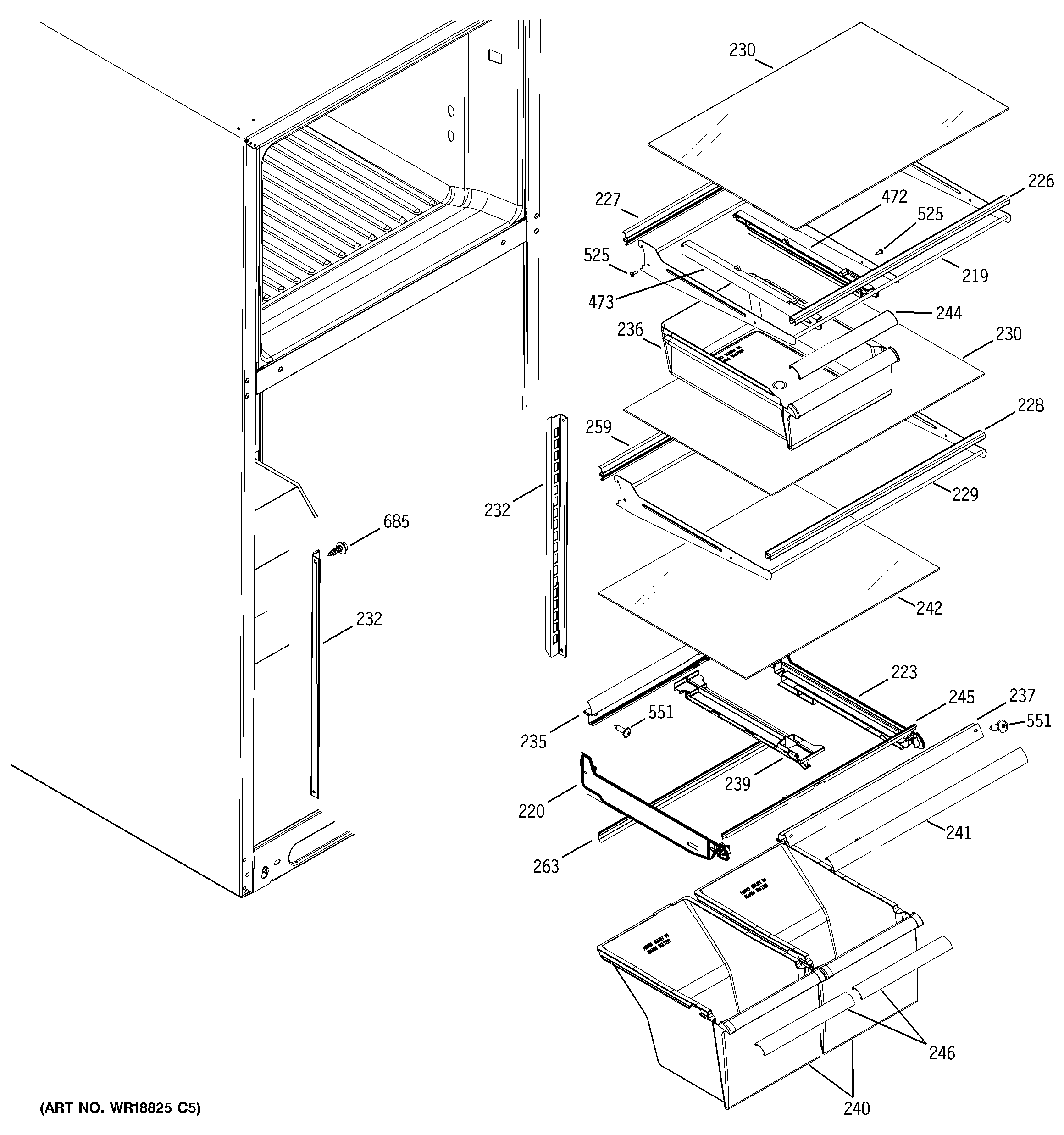 Hotpoint HTS18IBPDRCC fresh food shelves diagram