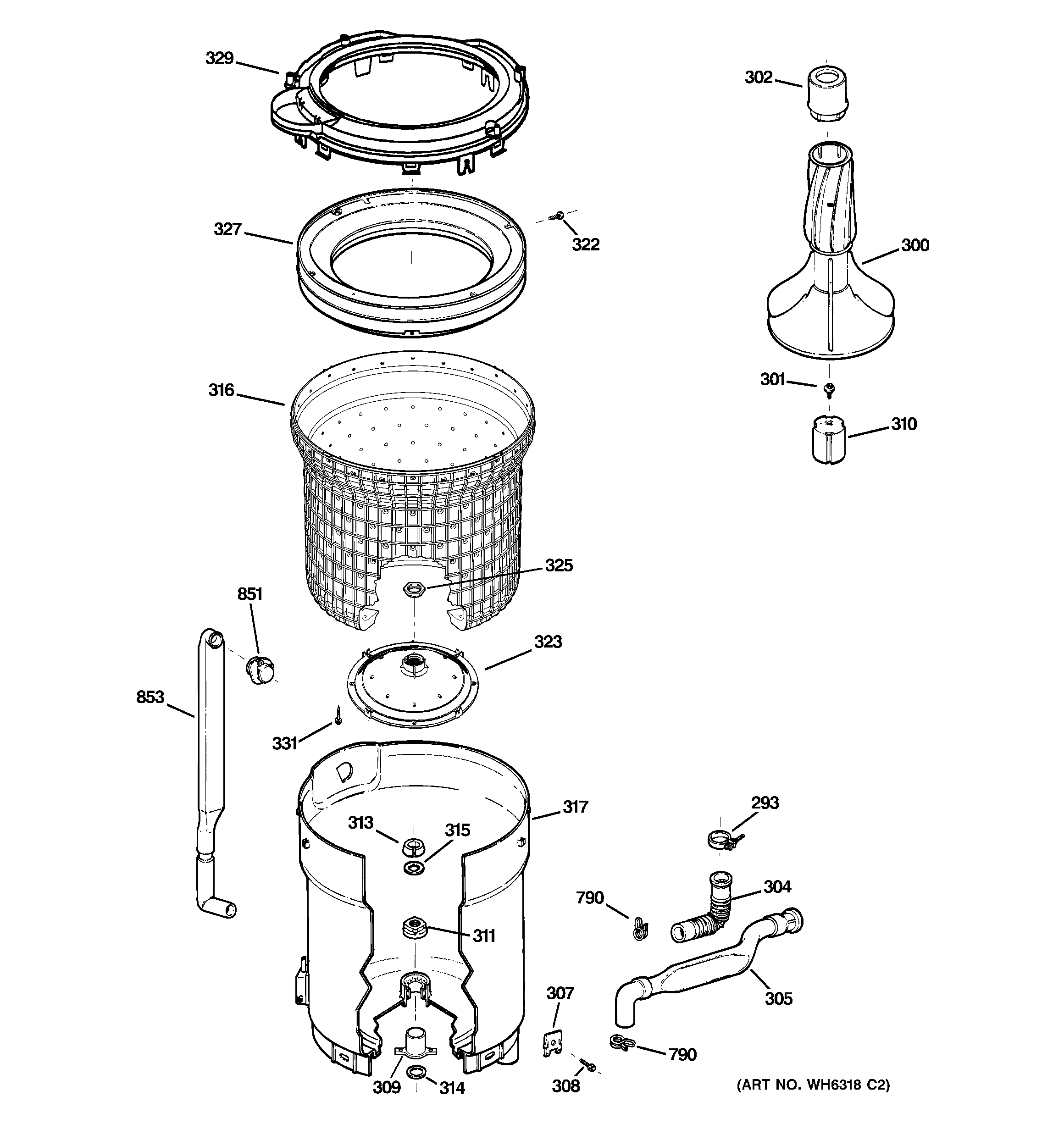 Hotpoint VBXR1090D3WW tub, basket & agitator diagram