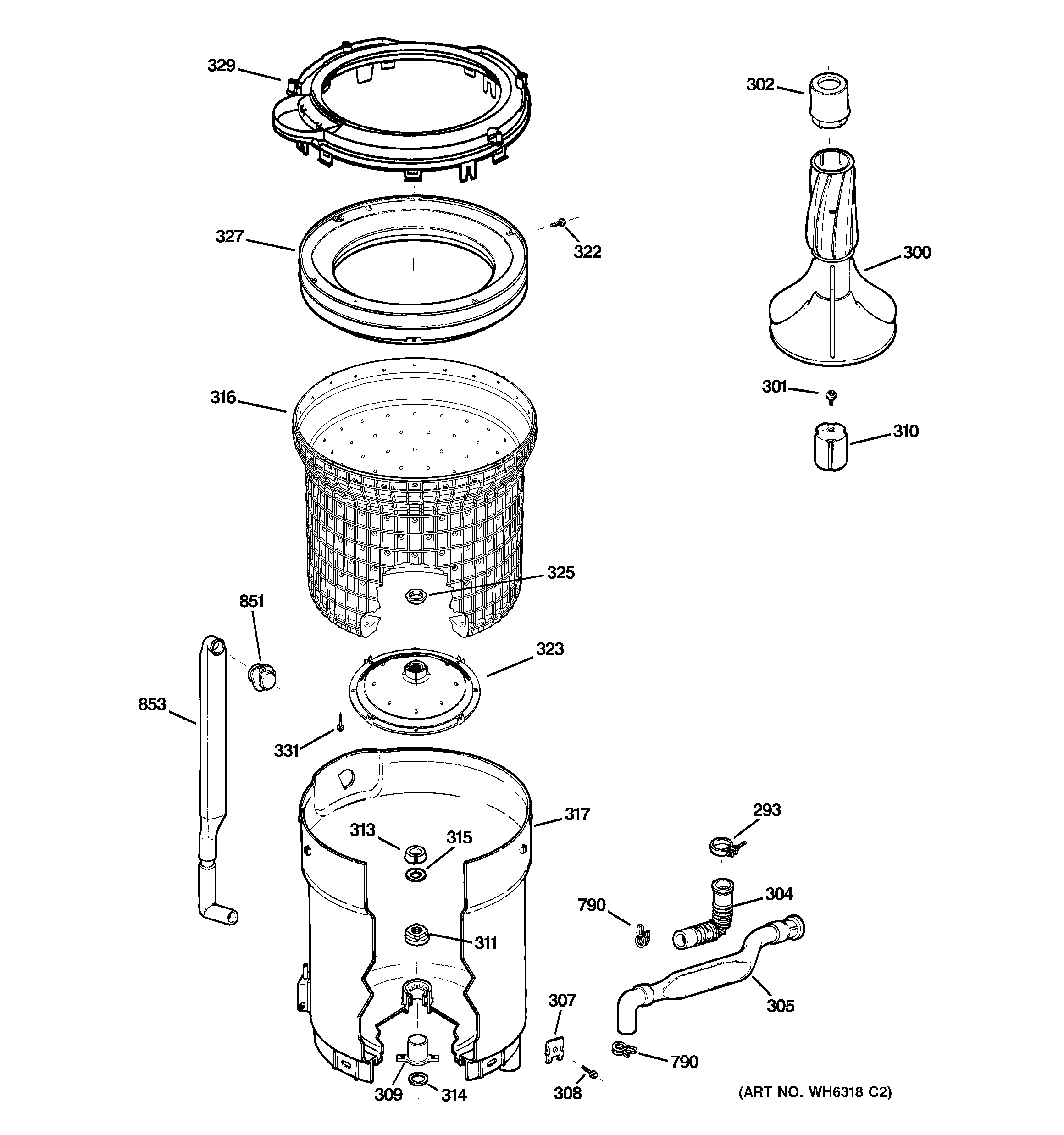 Hotpoint VBXR1090D6WW tub, basket & agitator diagram