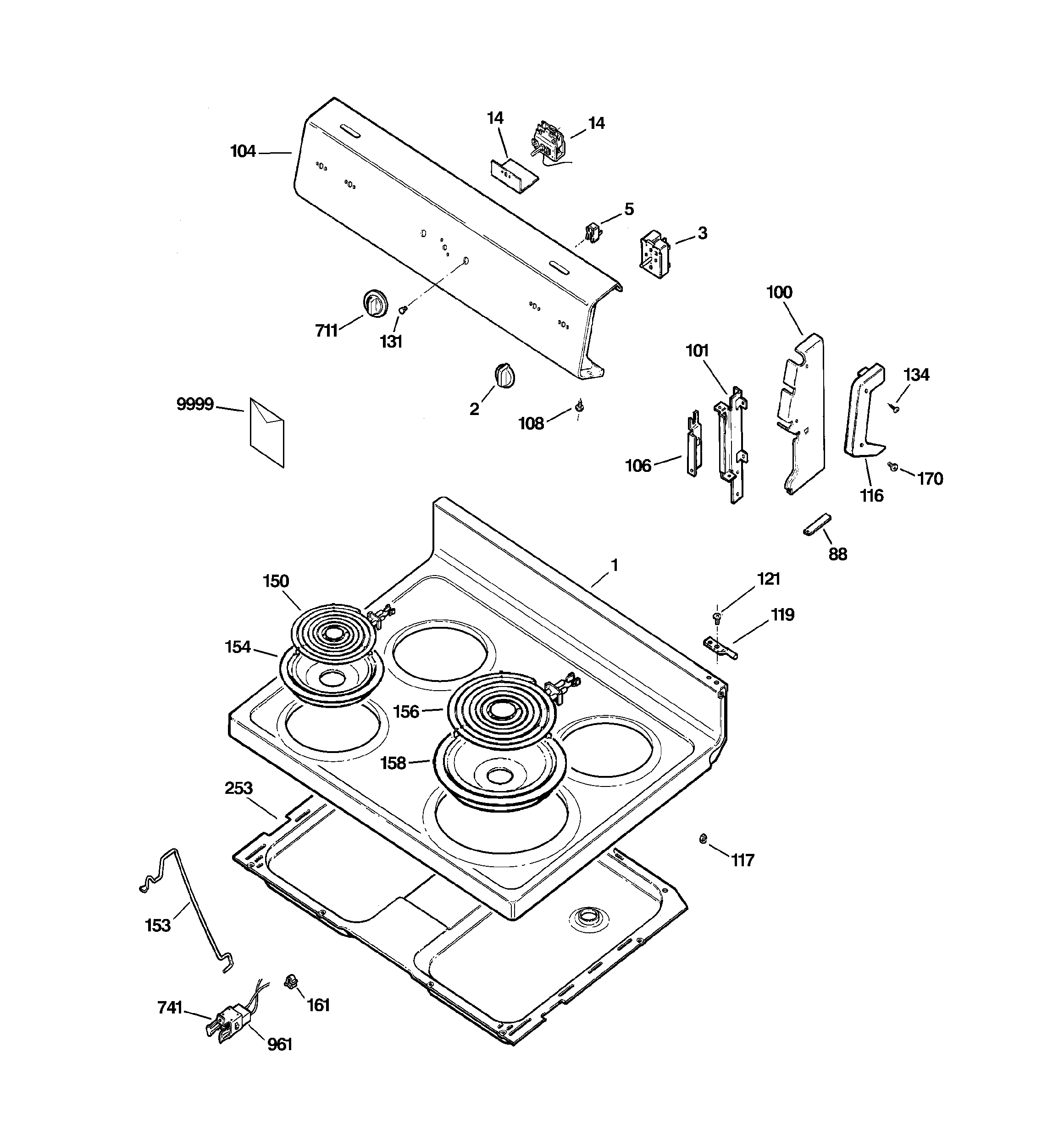 Hotpoint RB525BH3WH control panel & cooktop diagram