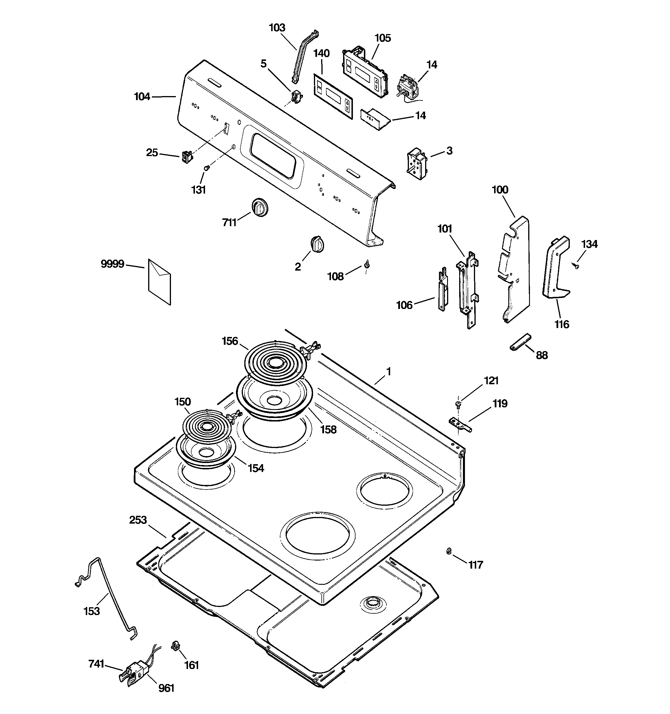 Hotpoint RB536WH3WW control panel & cooktop diagram