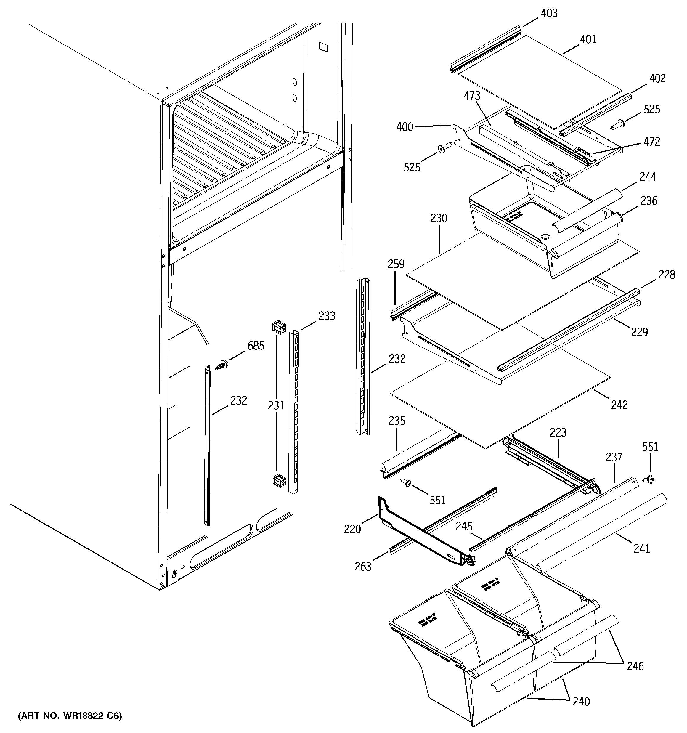 Hotpoint HTM18IBPGRSA fresh food shelves diagram