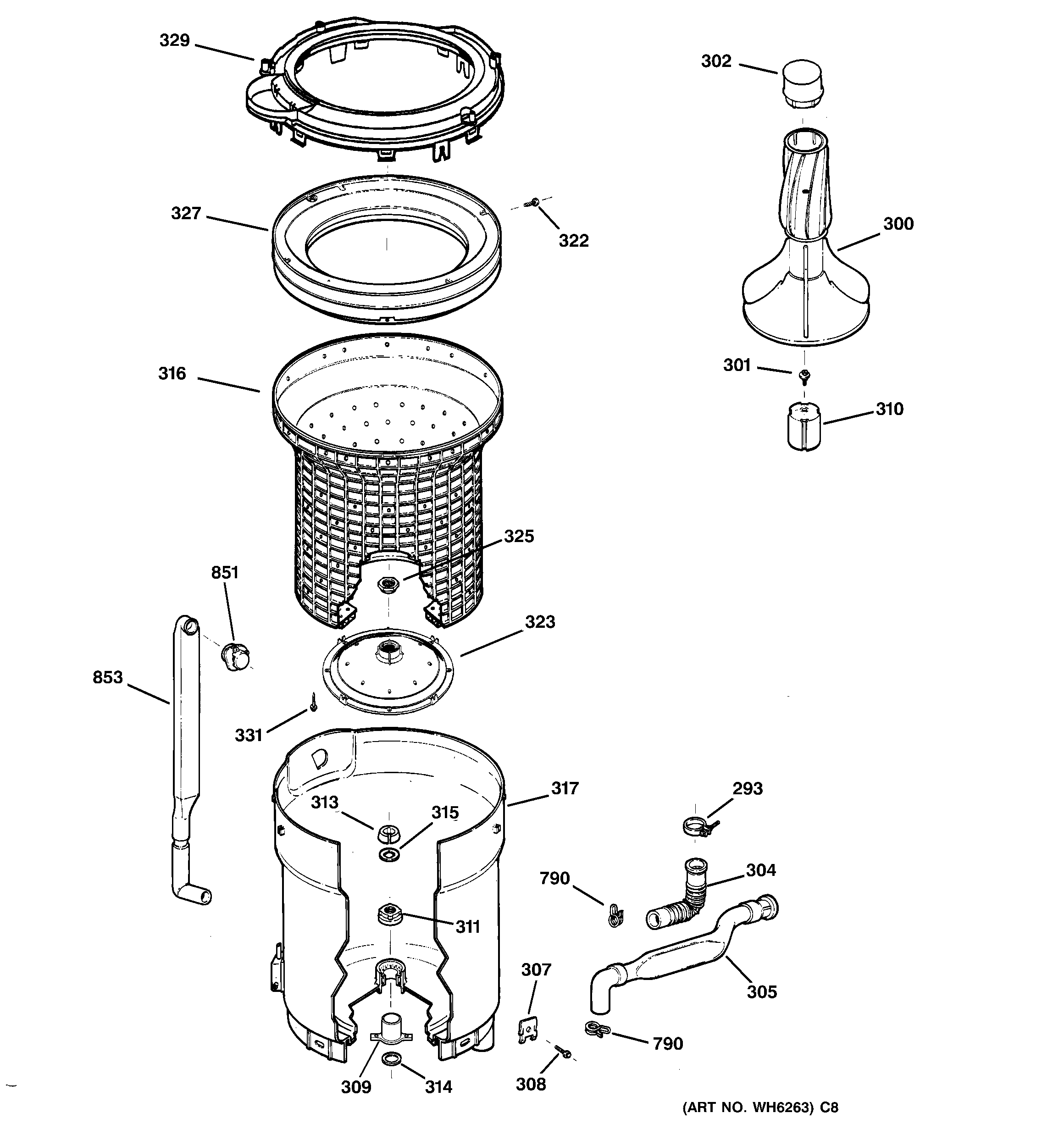 Hotpoint VBXR1090B2CC tub, basket & agitator diagram