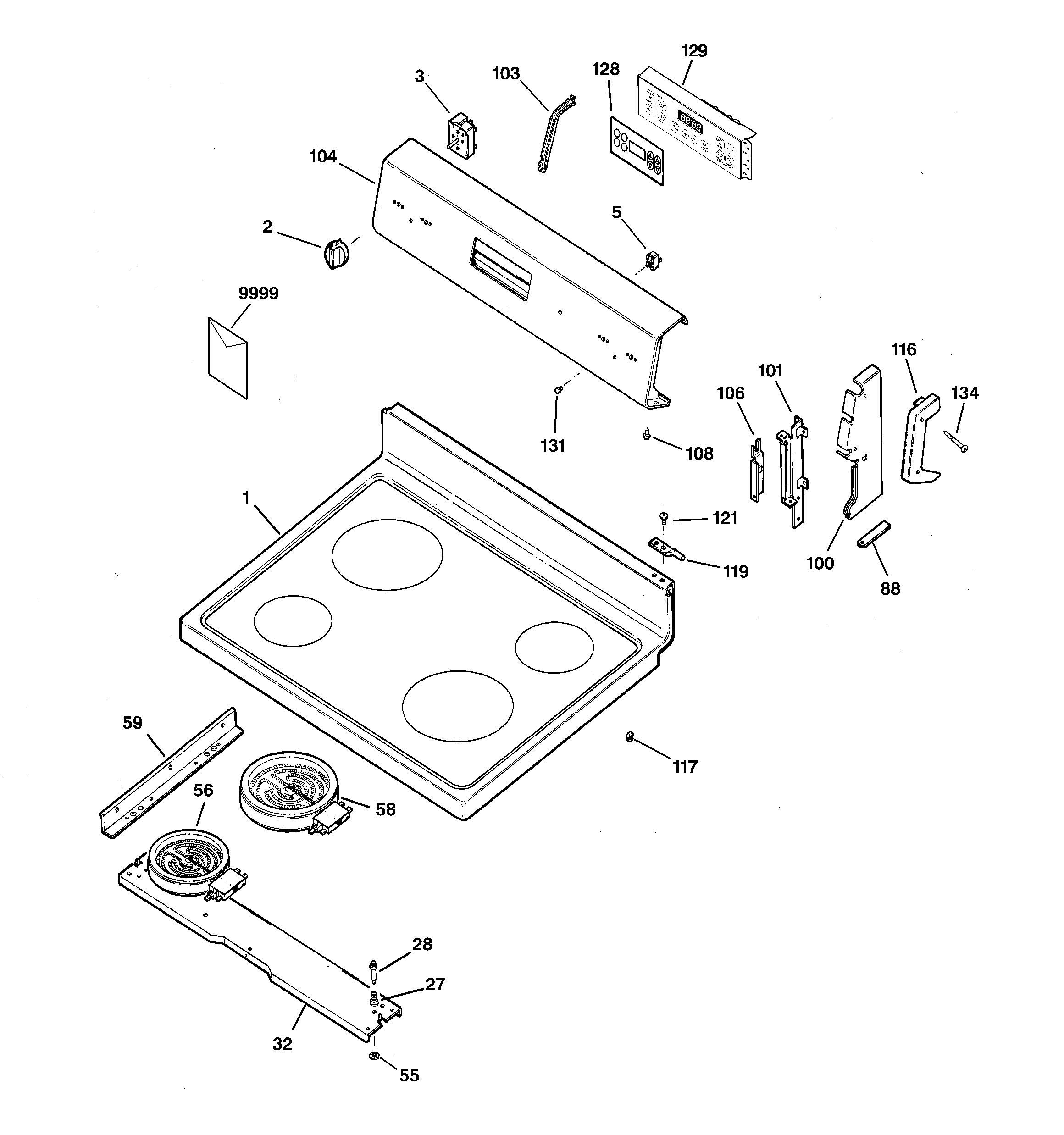 Hotpoint RB790BK1BB control panel & cooktop diagram