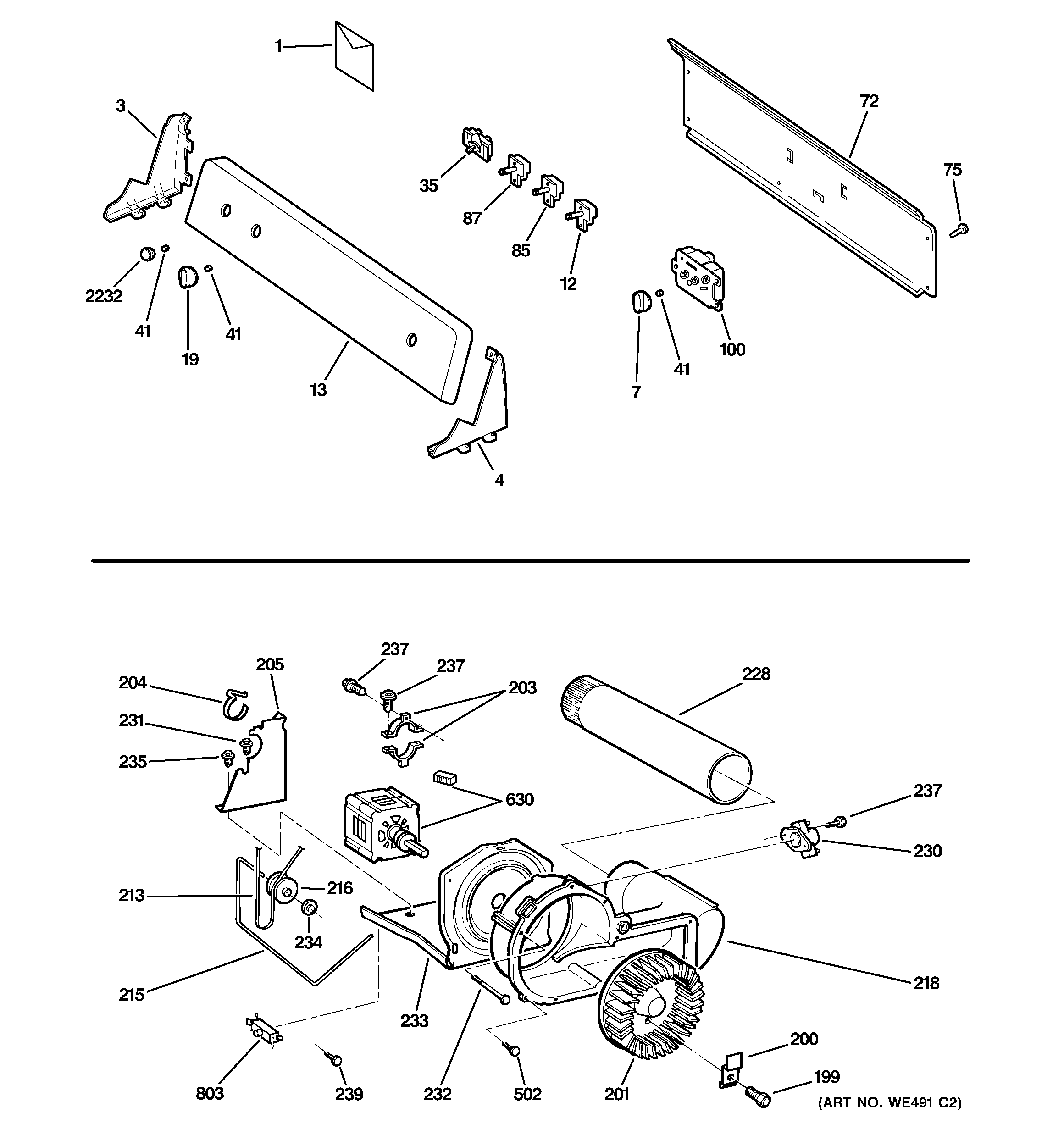 Hotpoint NWXR483GG0WW backsplash, blower & motor assembly diagram