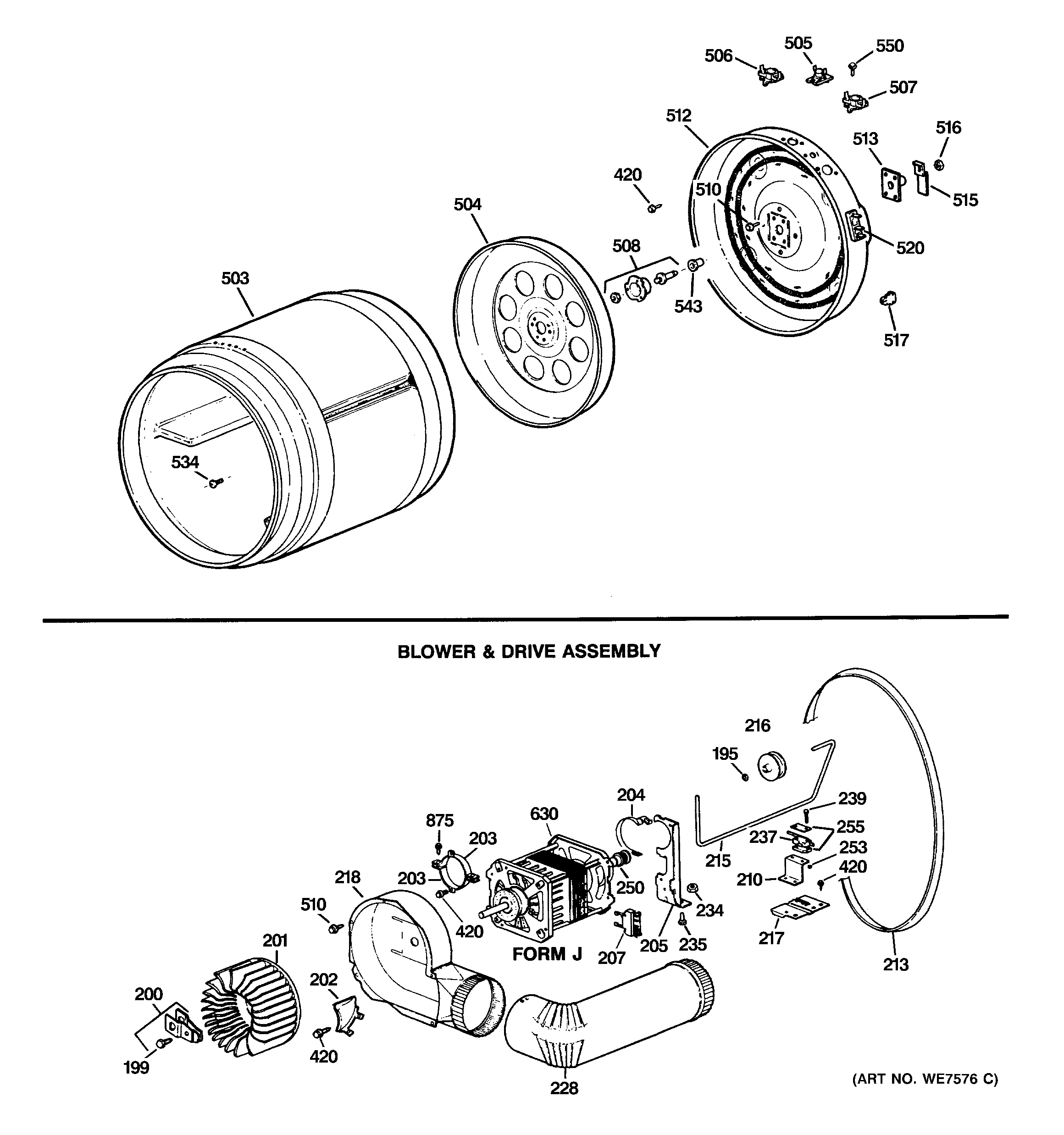 Hotpoint DLB3600SBLAD drum, blower & drive assembly diagram