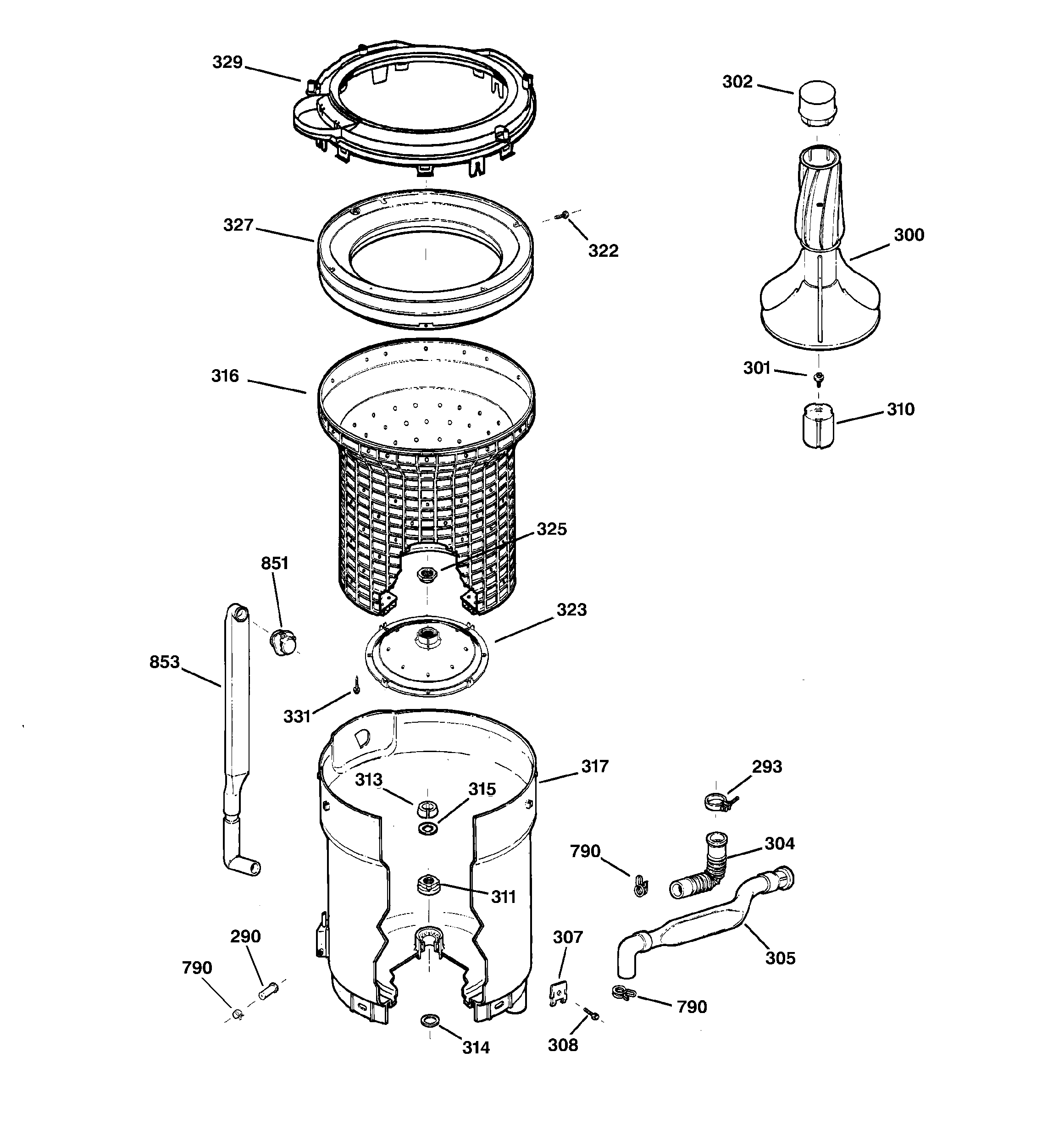 Hotpoint VBXR1070W2AA tub, basket & agitator diagram