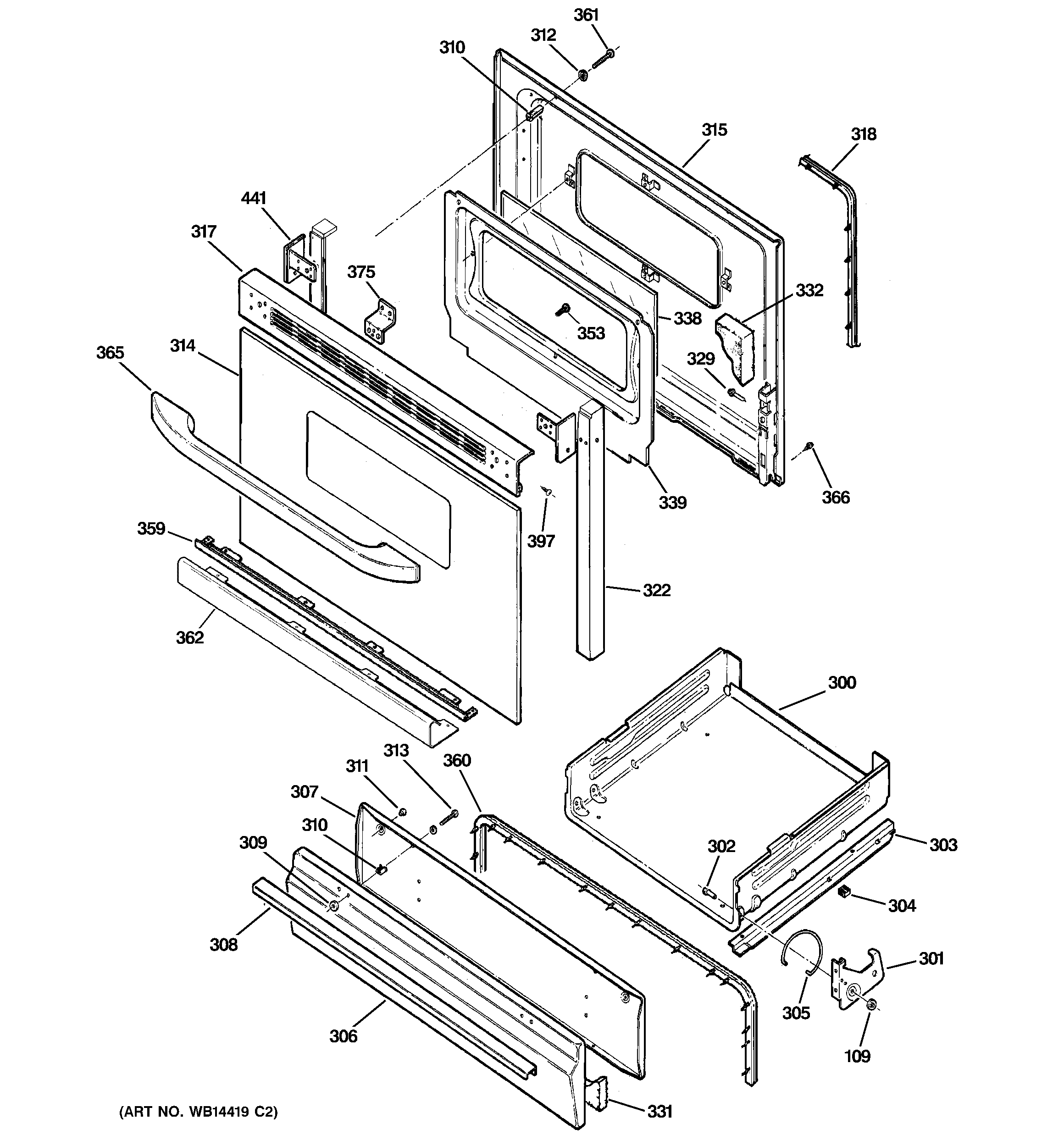 Hotpoint RGB530DEP2BB door & drawer parts diagram