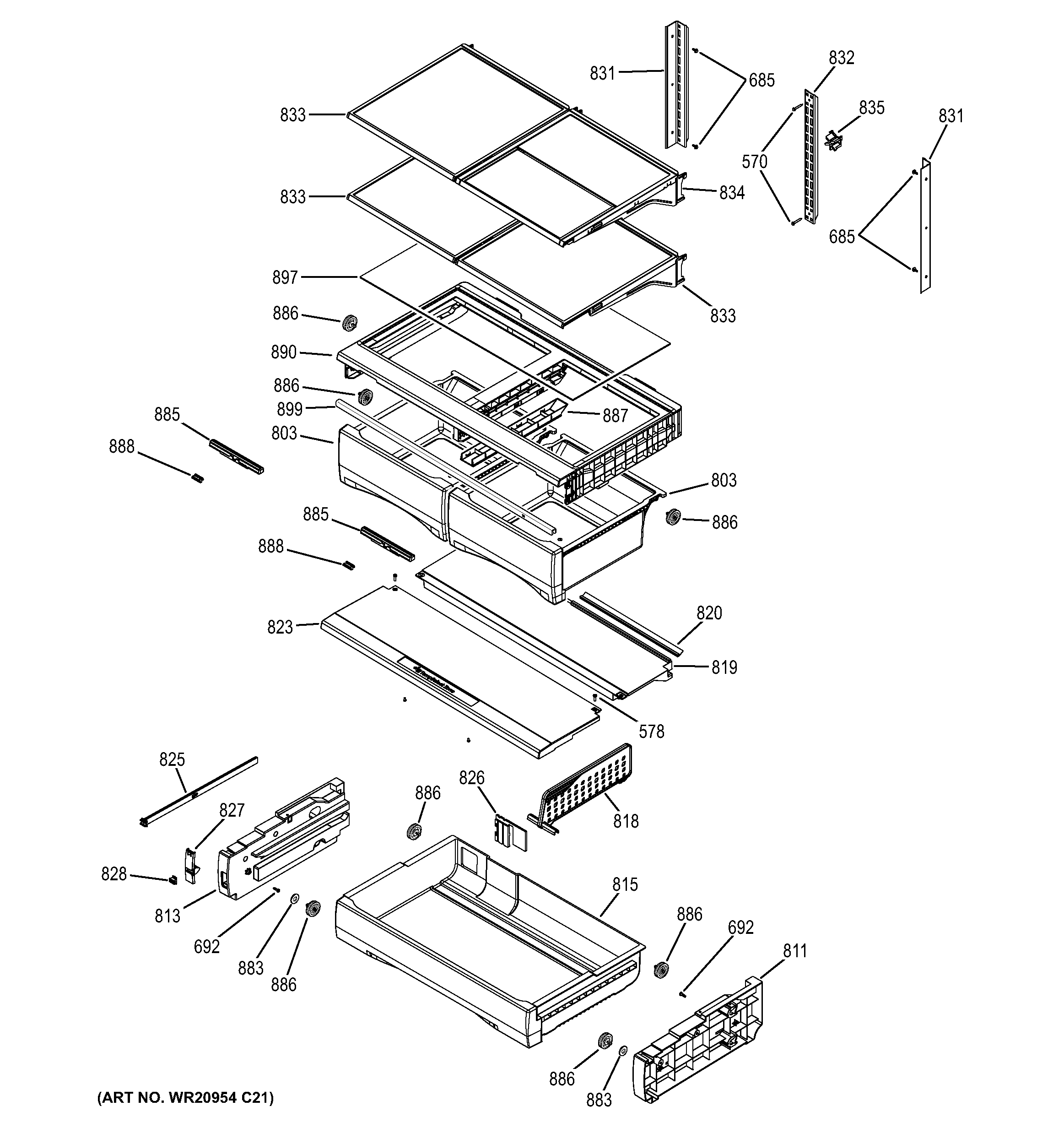 GE GFE27GGDEBB fresh food shelves diagram