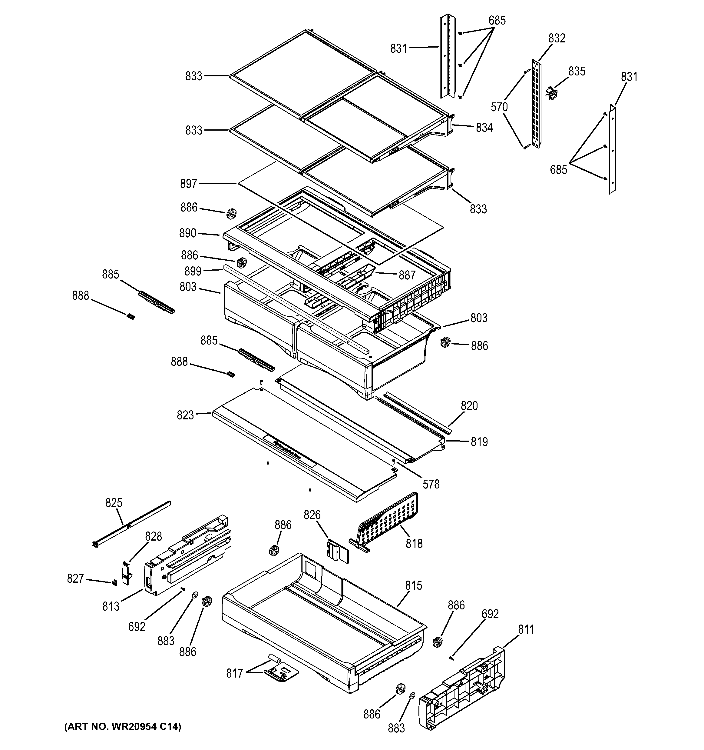 GE GNE26GMDDES fresh food shelves diagram