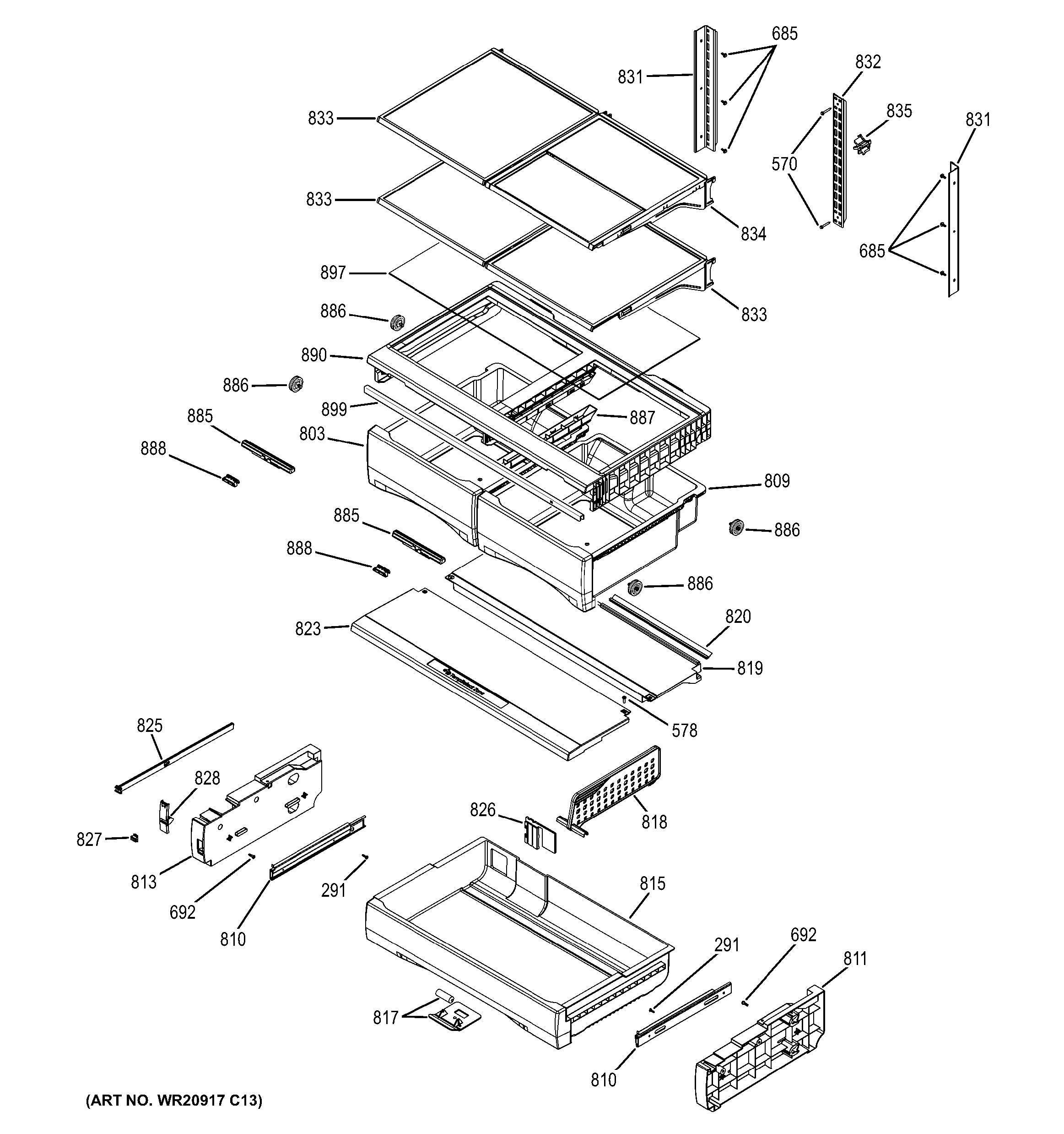 GE GFE29HGDCBB fresh food shelves diagram