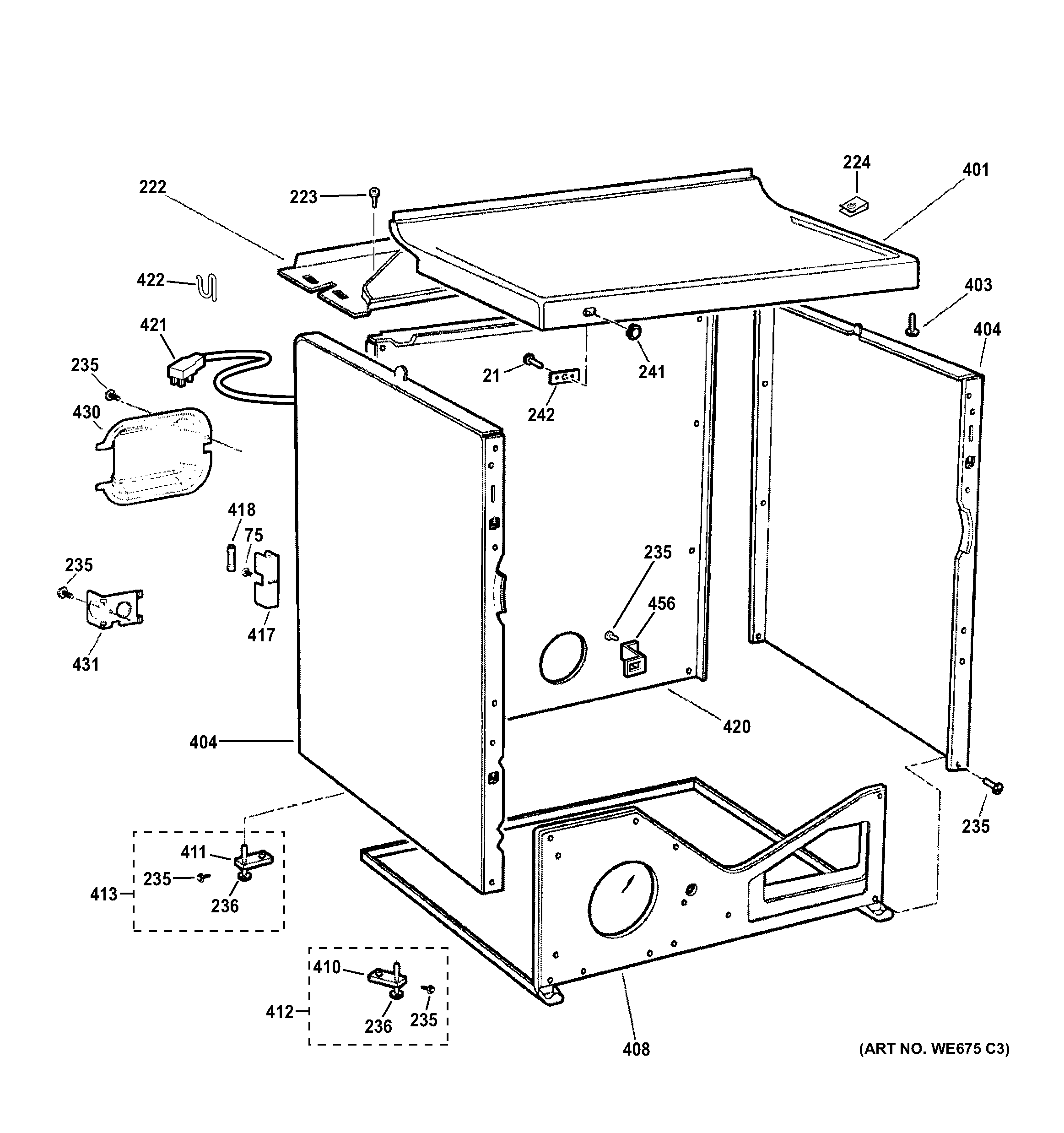 GE DCCB330GJ4WC cabinet & top panel diagram