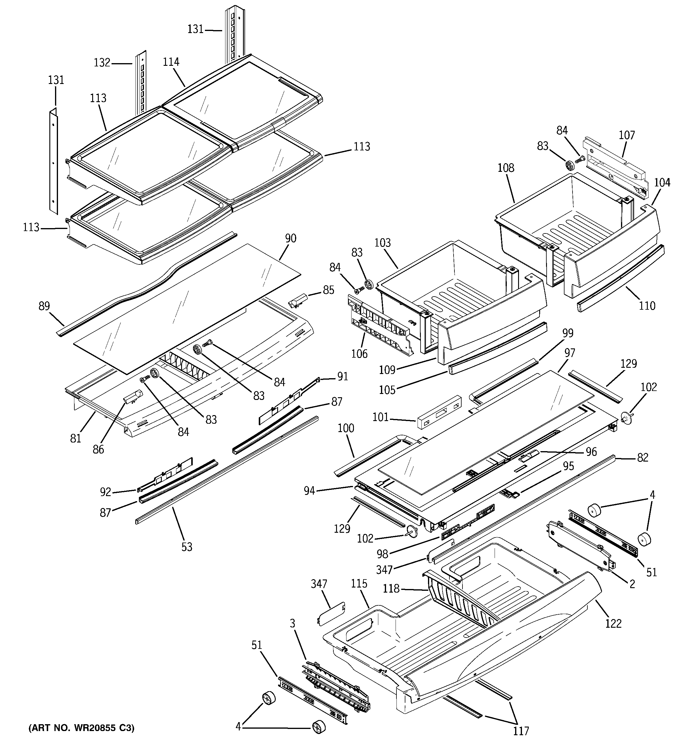 GE CFSP5RKBESS fresh food shelves diagram