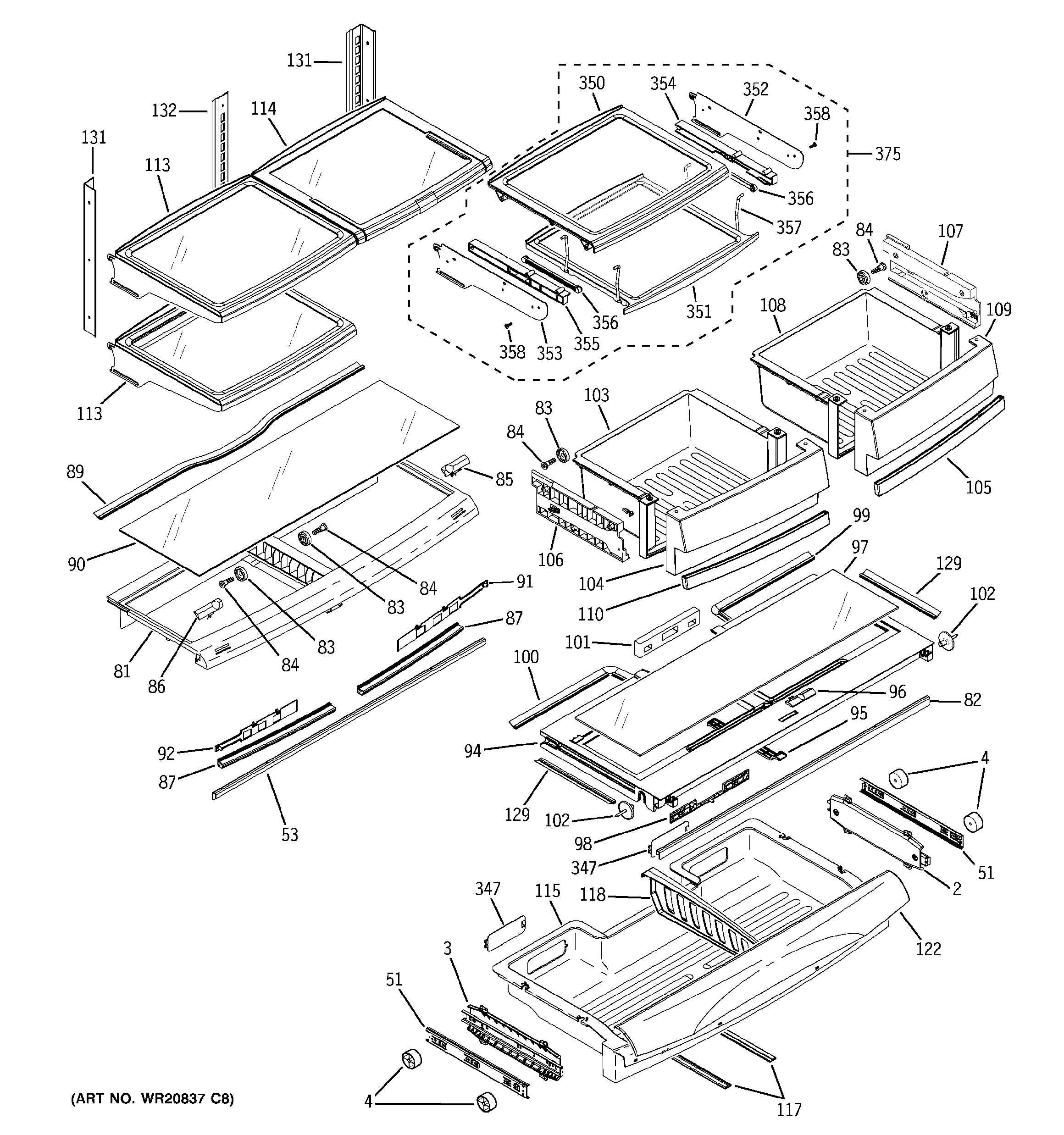 GE PGS25KSEAFSS fresh food shelves diagram
