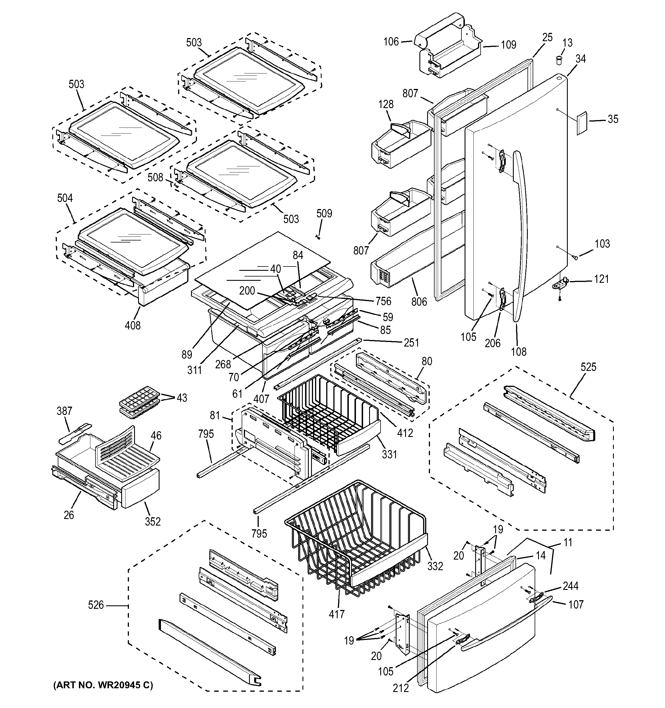 GE GBS22KBSCWW doors & shelves diagram