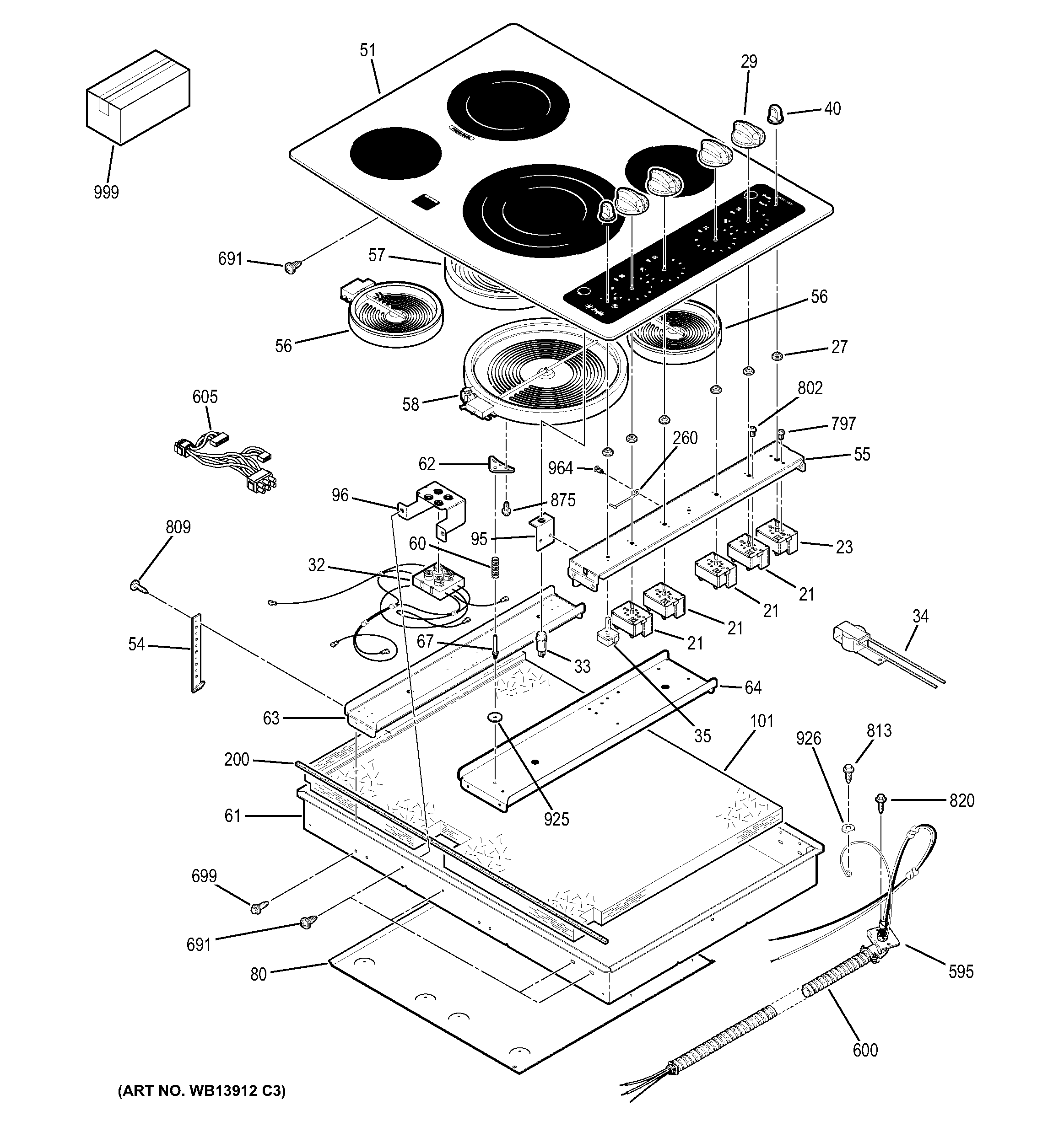 GE PP912BM4BB control panel & cooktop diagram