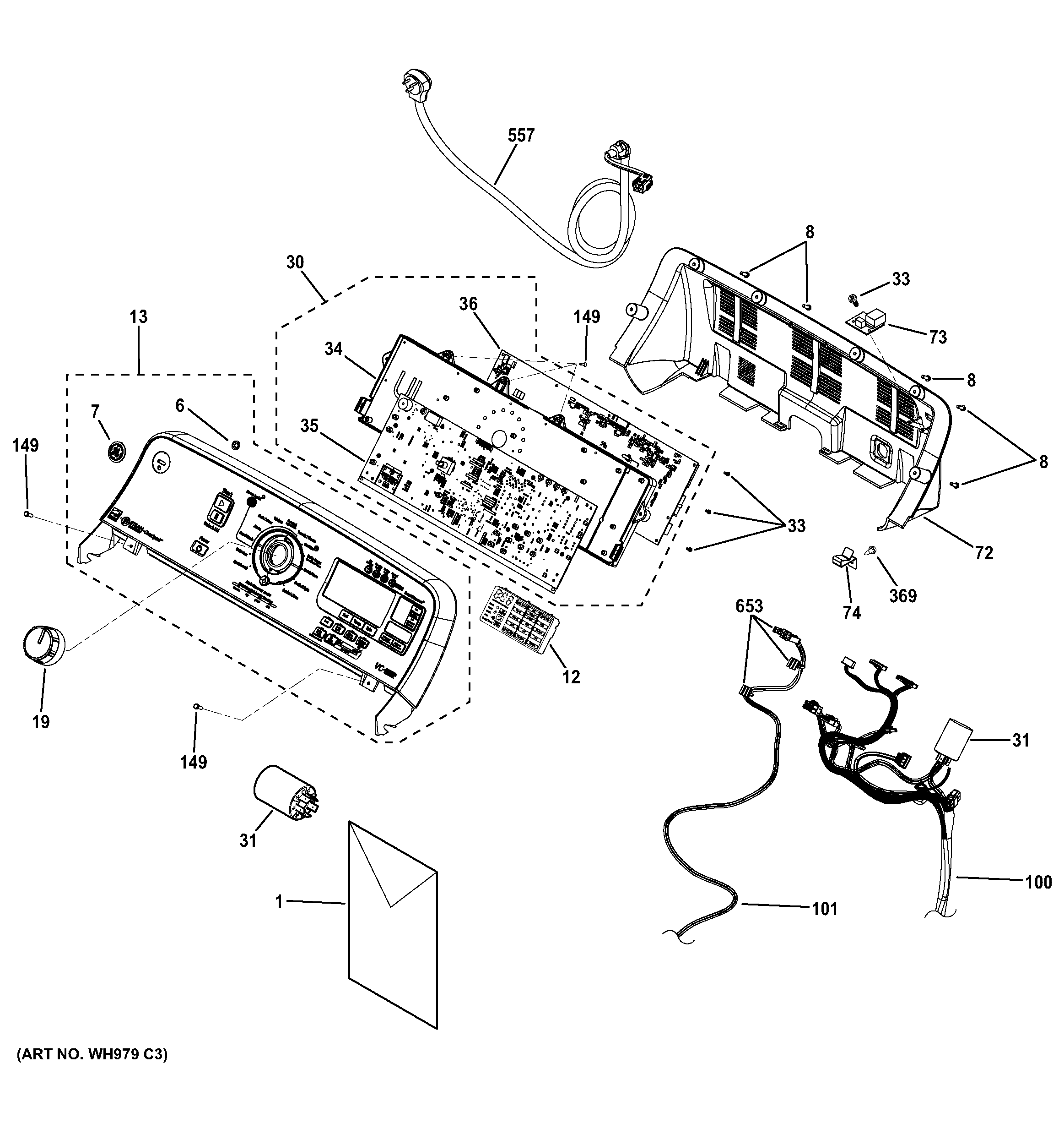 GE GTWN7450D0WW controls & backsplash diagram